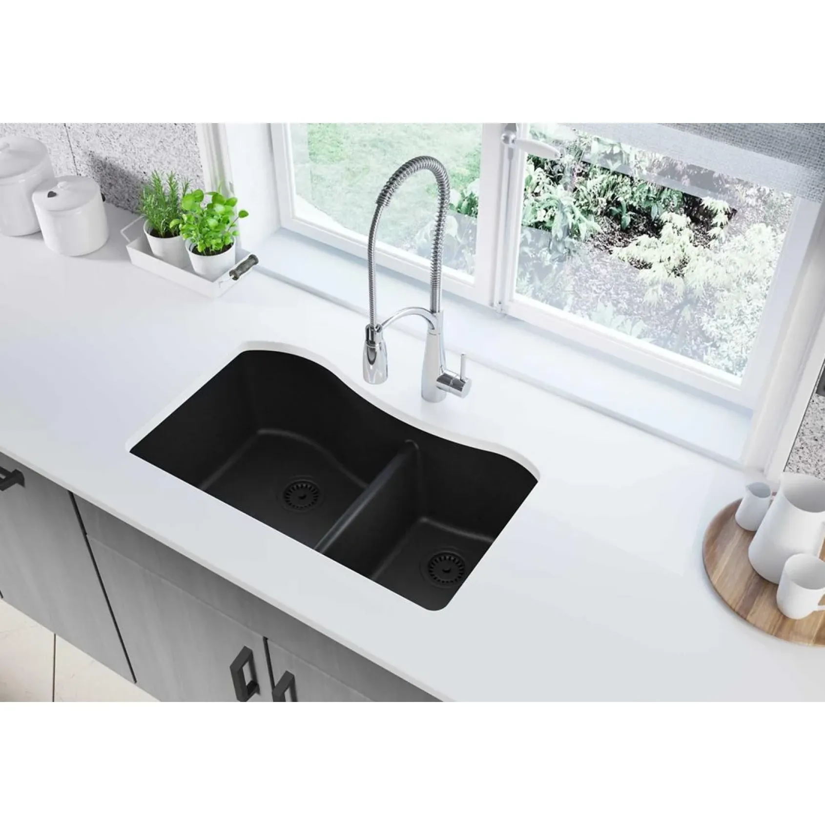 Elkay Classic 33" Quartz Kitchen Sink, 60/40 Double Bowl, Black, ELGHU3220RBK0