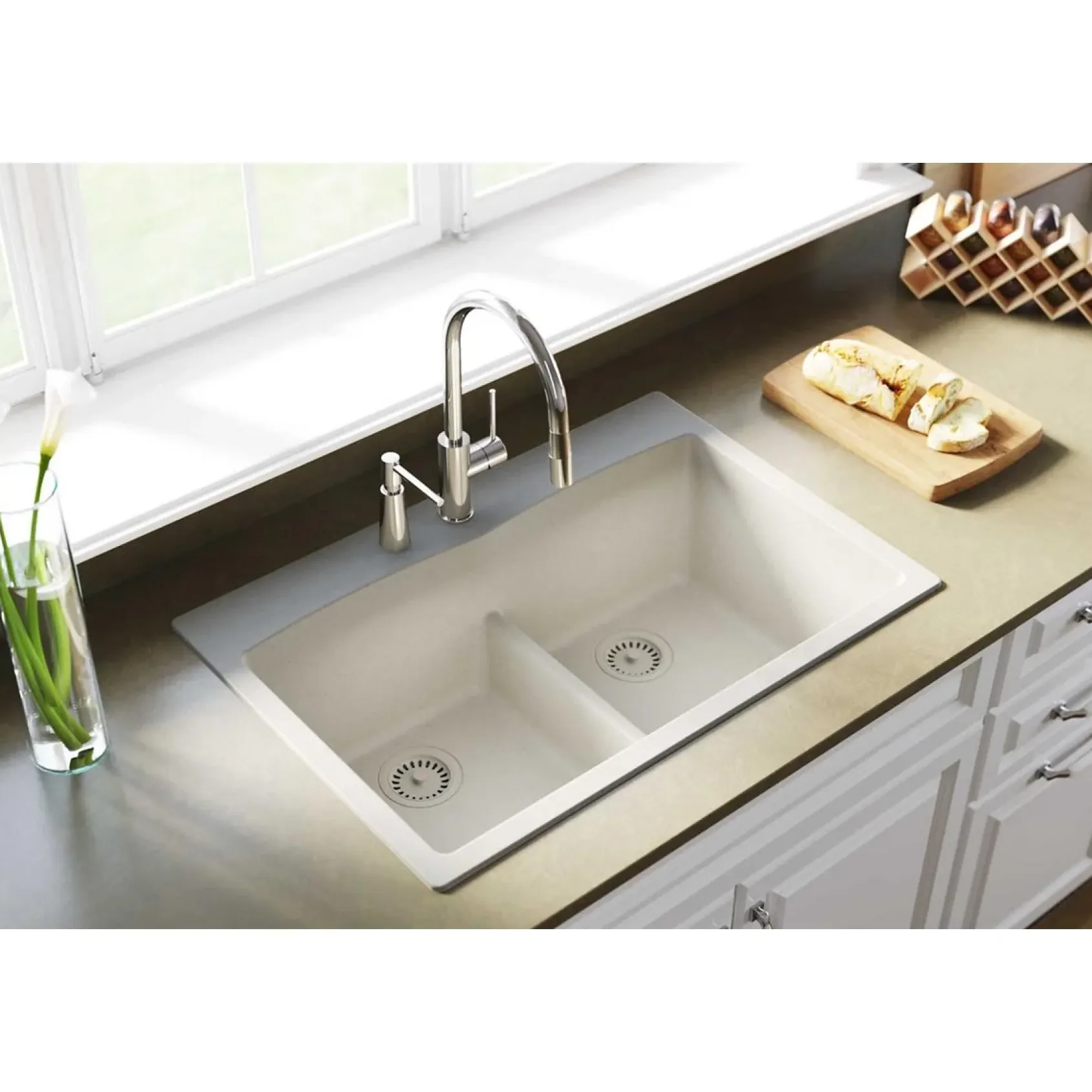 Elkay Classic 33" Quartz Kitchen Sink, 50/50 Double Bowl, Bisque, ELGDLB3322BQ0