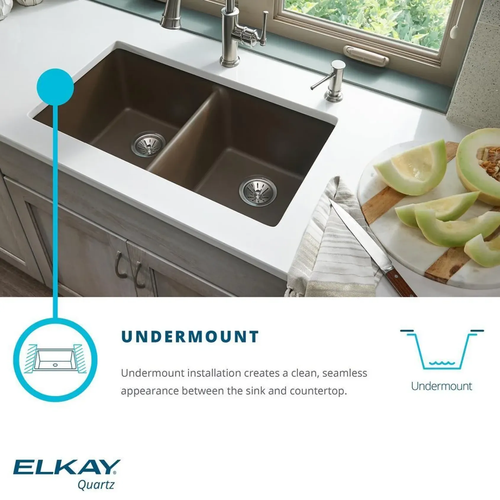 Elkay Classic 33" Quartz Kitchen Sink, 50/50 Double Bowl, Greige, ELGU3322GR0