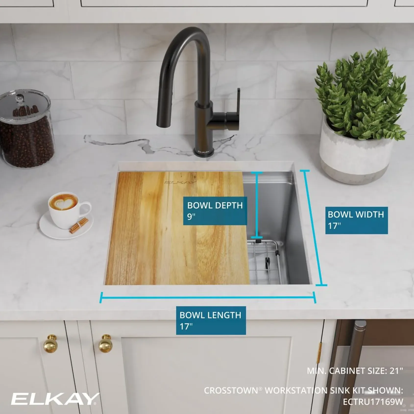 Elkay Crosstown 19" Rectangle Stainless Steel Workstation Bar/Prep Sink with Accessories, Polished Satin, 18 Gauge, ECTRU17169W