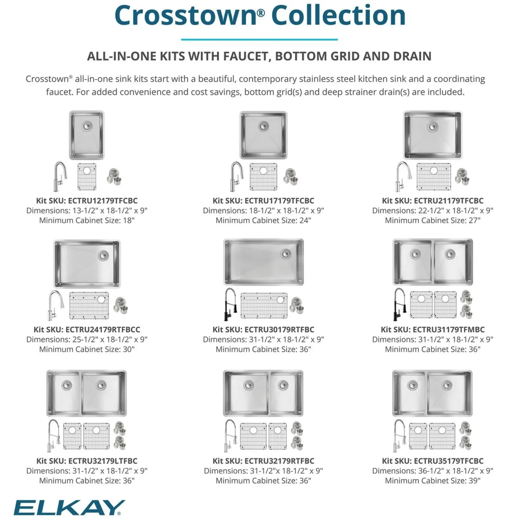 Elkay Crosstown 14" Rectangular Stainless Steel Bar/Prep Sink with Faucet, Polished Satin, 18 Gauge, ECTRU12179TFCBC