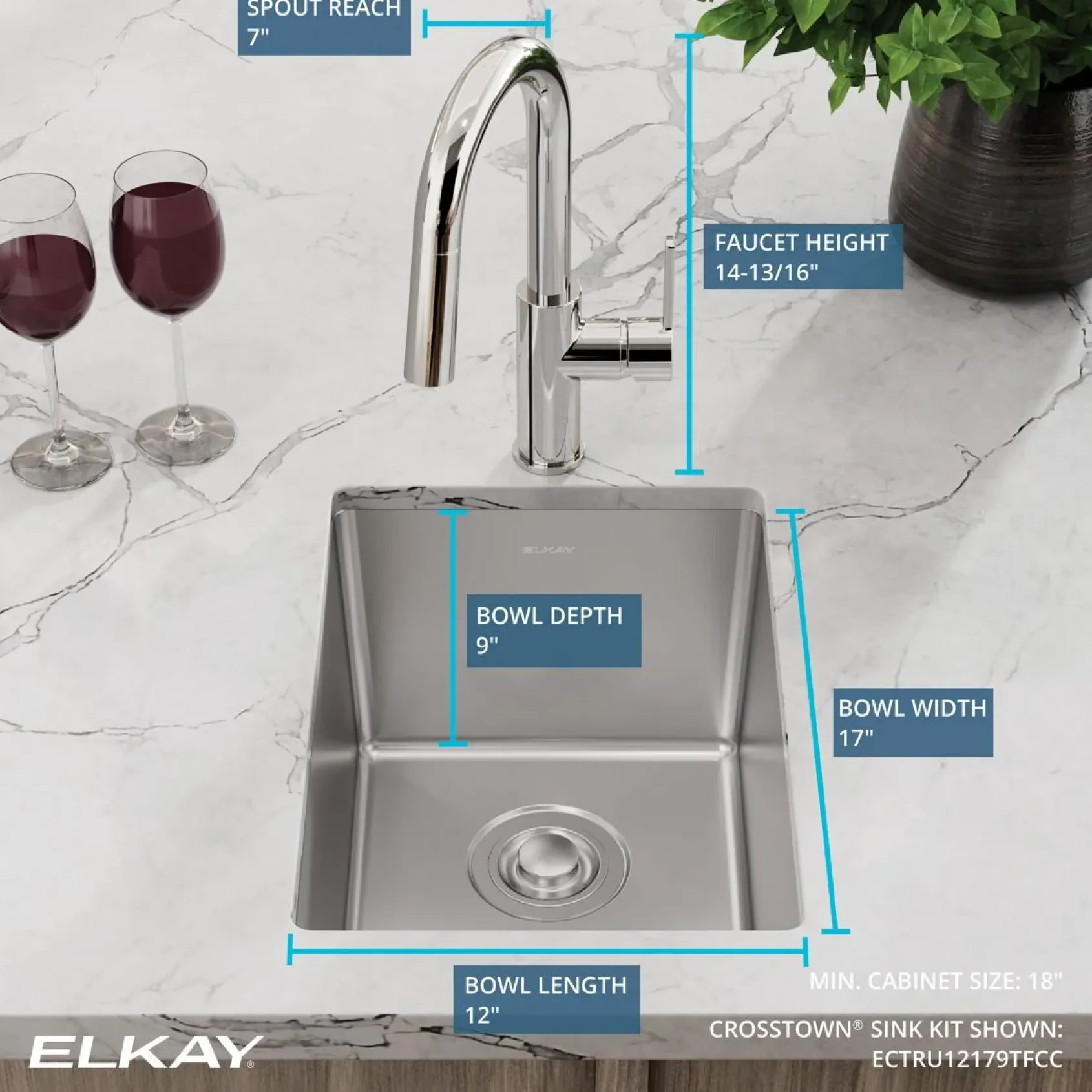 Elkay Crosstown 14" Rectangular Stainless Steel Bar/Prep Sink with Faucet, Polished Satin, 18 Gauge, ECTRU12179TFCC