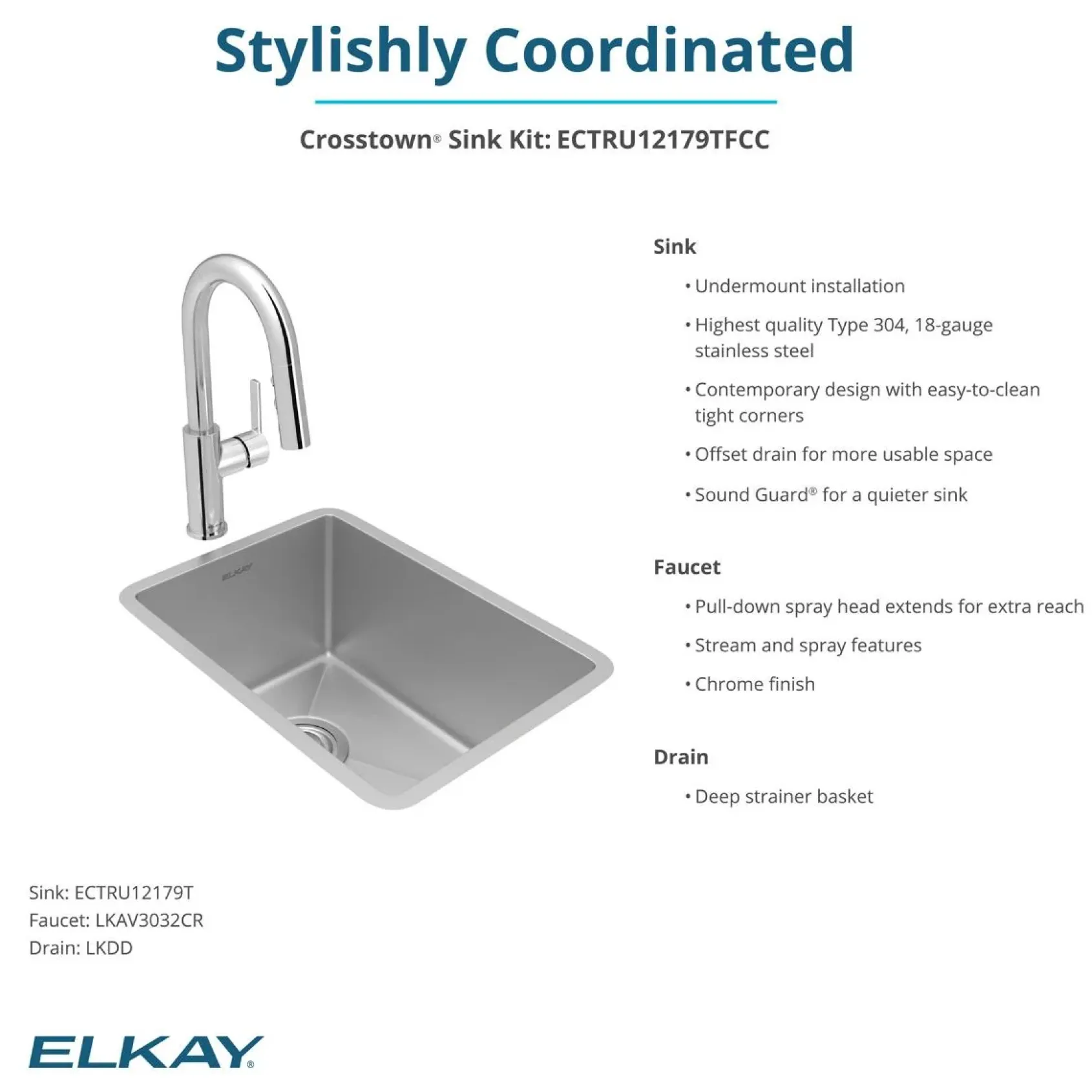 Elkay Crosstown 14" Rectangular Stainless Steel Bar/Prep Sink with Faucet, Polished Satin, 18 Gauge, ECTRU12179TFCC
