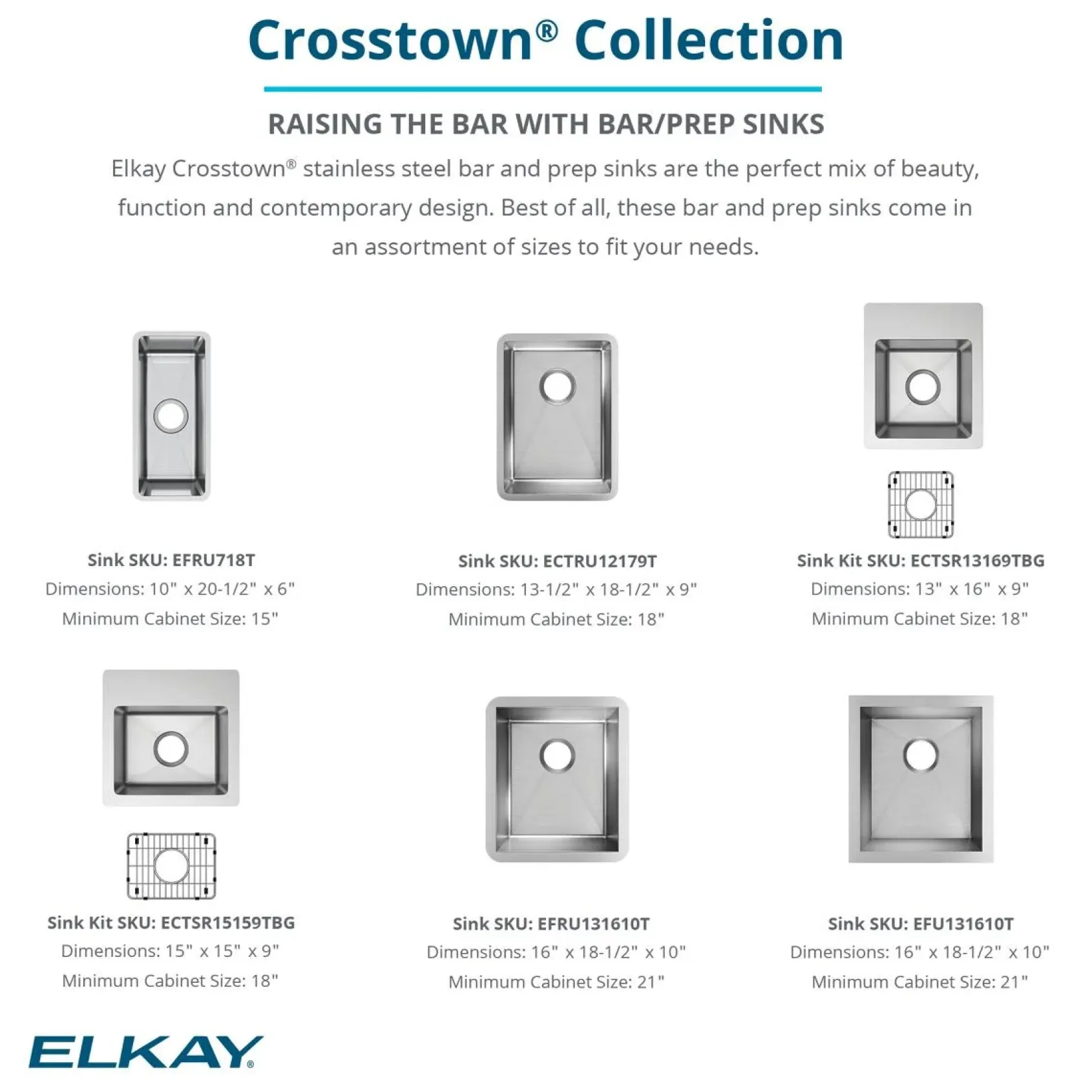 Elkay Crosstown 14" Stainless Steel Bar Sink, Polished Satin, ECTRU12179T
