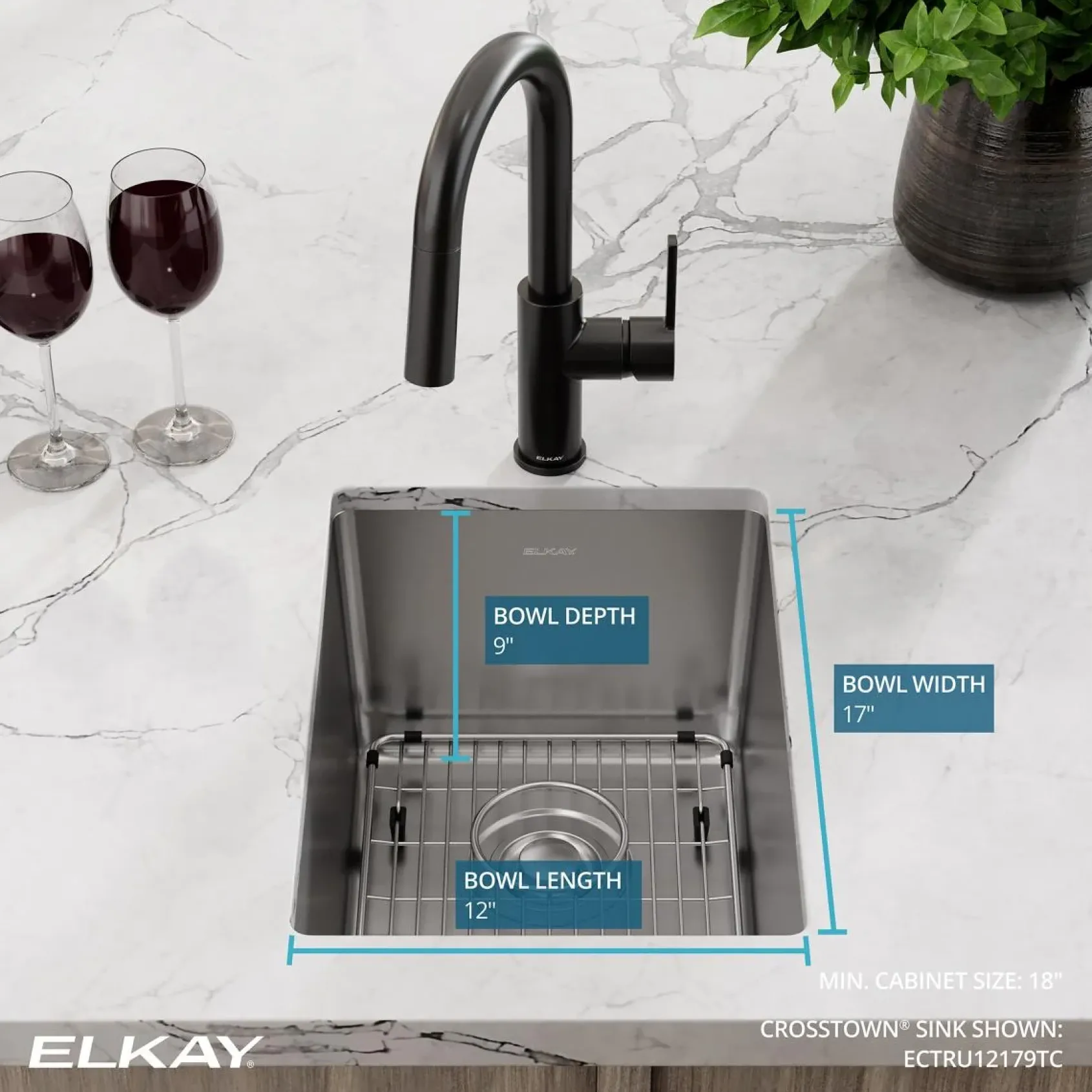 Elkay Crosstown 14" Stainless Steel Bar Sink, Polished Satin, ECTRU12179TC
