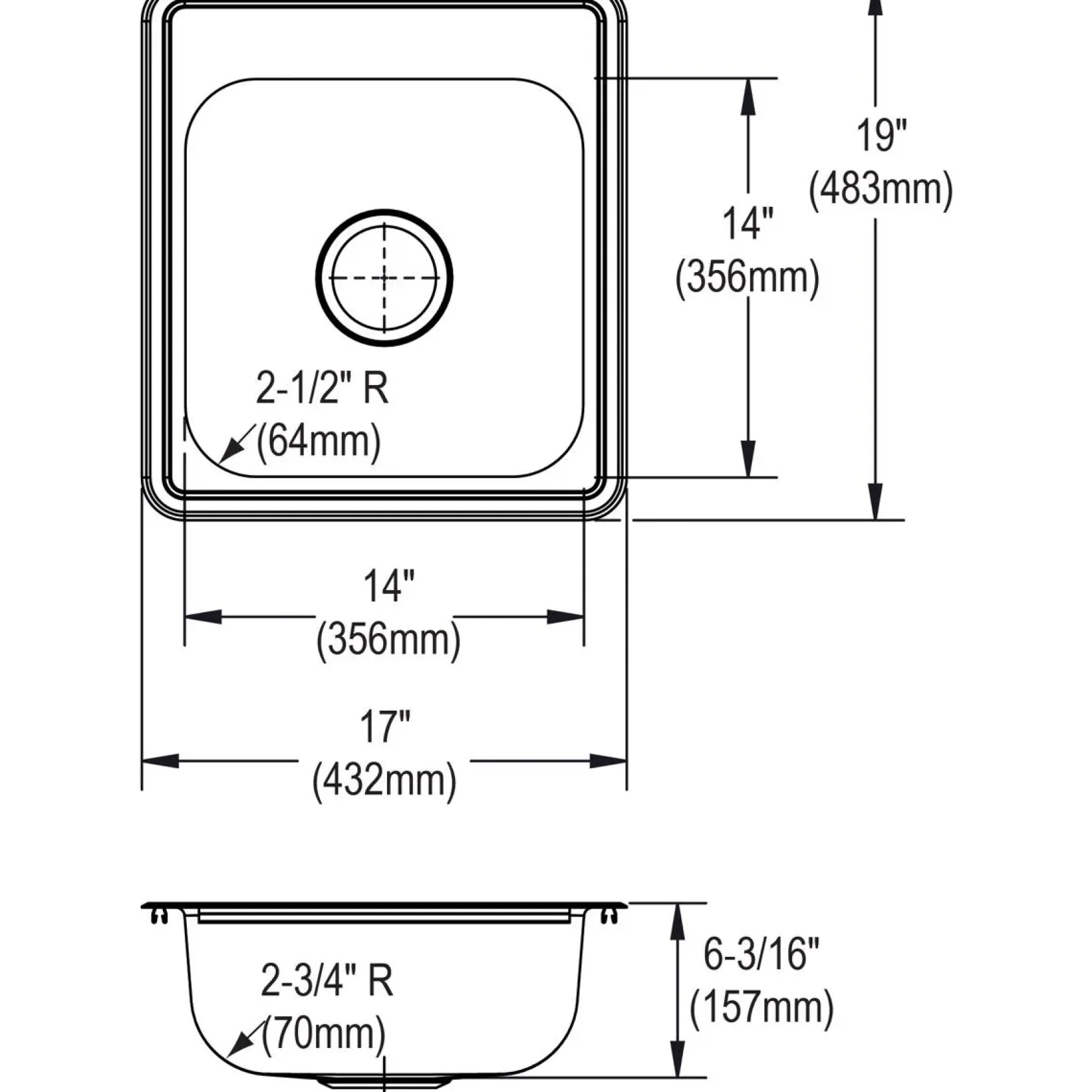 Elkay Dayton 17" Drop In/Topmount Stainless Steel Bar Sink, Single Bowl, Satin, 3 Faucet Hole, D117193