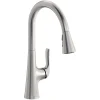 Elkay Harmony Forward Only Lever Handle Pull-down Spray Spout Brass ADA Kitchen Faucet, Lustrous Steel, LKHA1041LS