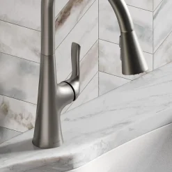 Elkay Harmony Forward Only Lever Handle Pull-down Spray Spout Brass ADA Kitchen Faucet, Lustrous Steel, LKHA1041LS