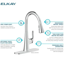 Elkay Harmony Forward Only Lever Handle Pull-down Spray Spout Brass ADA Kitchen Faucet, Lustrous Steel, LKHA1041LS