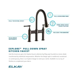 Elkay LKEC2037AS Explore Three Hole Bridge Faucet with Pull-down Spray and Lever Handles Antique Steel