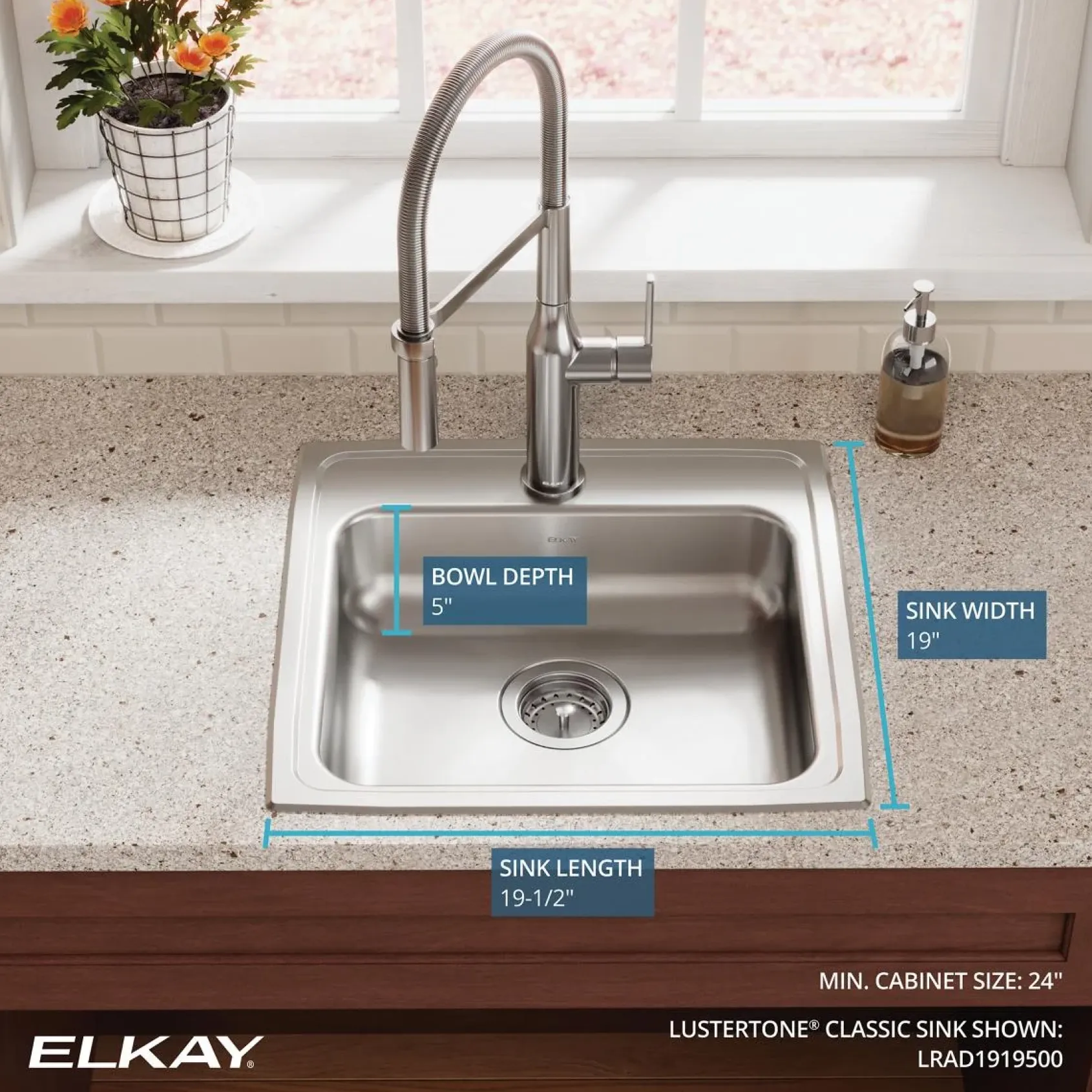 Elkay Lustertone Classic 20" Drop In/Topmount Stainless Steel ADA Kitchen Sink, Lustrous Satin, No Faucet Hole, LRAD1919500