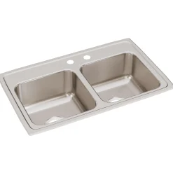 Elkay Lustertone Classic 29" Drop In/Topmount Stainless Steel Kitchen Sink, 50/50 Double Bowl, Lustrous Satin, MR2 Faucet Holes, LR2918MR2