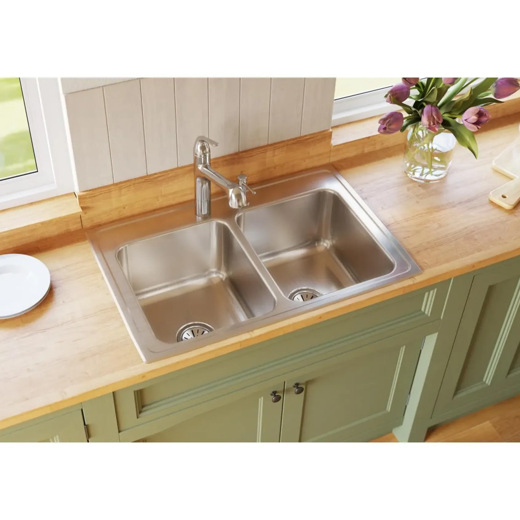 Elkay Lustertone Classic 33" Drop In/Topmount Stainless Steel Kitchen Sink, 50/50 Double Bowl, Lustrous Satin, MR2 Faucet Holes, DLR332210MR2