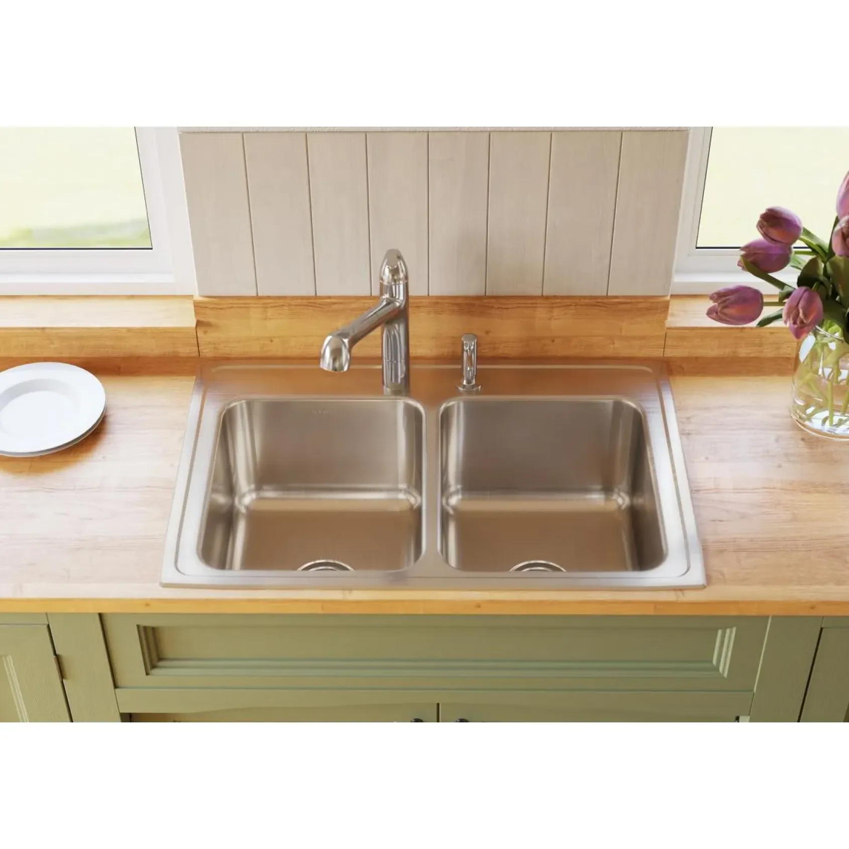 Elkay Lustertone Classic 33" Drop In/Topmount Stainless Steel Kitchen Sink, 50/50 Double Bowl, Lustrous Satin, MR2 Faucet Holes, DLR332210MR2