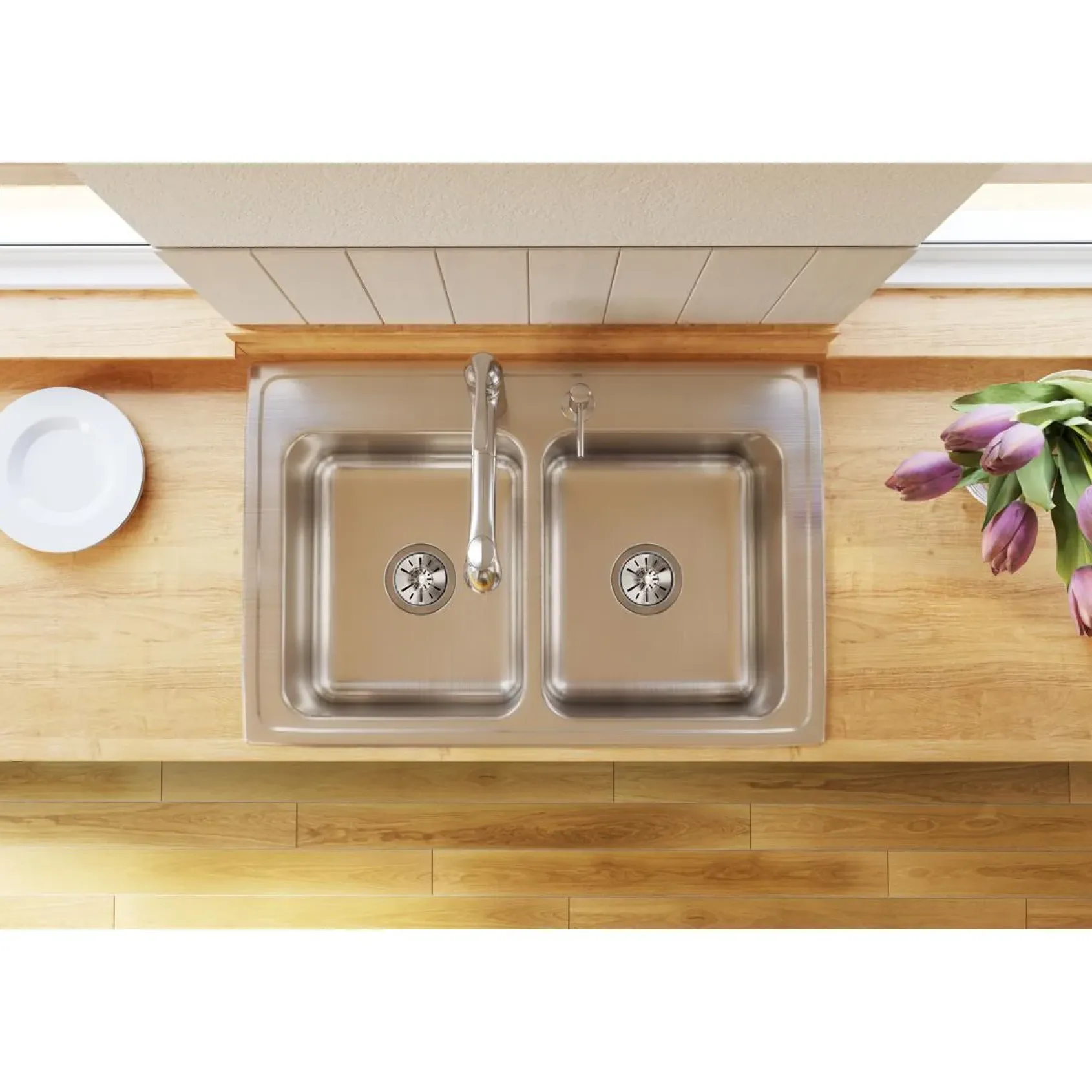 Elkay Lustertone Classic 33" Drop In/Topmount Stainless Steel Kitchen Sink, 50/50 Double Bowl, Lustrous Satin, MR2 Faucet Holes, DLR332210MR2