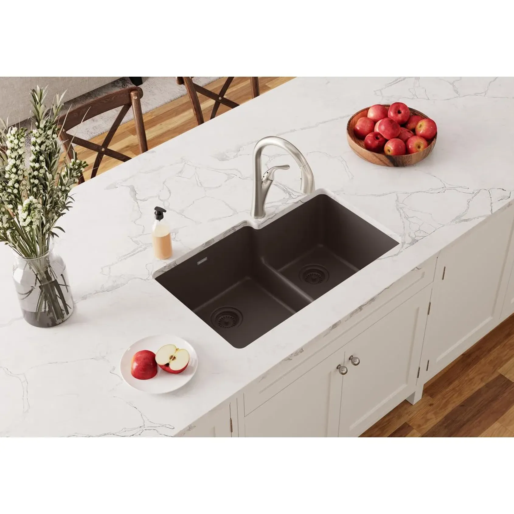 Elkay Quartz Classic 33" Undermount Quartz Kitchen Sink, 60/40 Double Bowl, Mocha, ELGULBO3322MC0