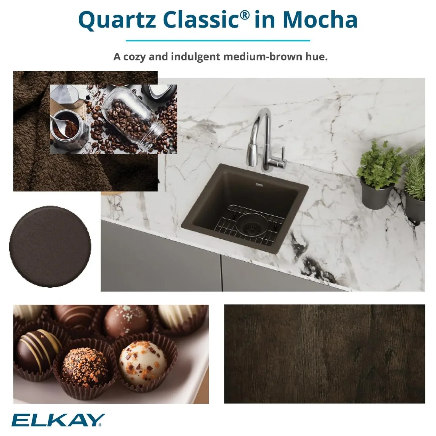 Elkay Quartz Classic 33" Undermount Quartz Kitchen Sink, 60/40 Double Bowl, Mocha, ELGULBO3322MC0