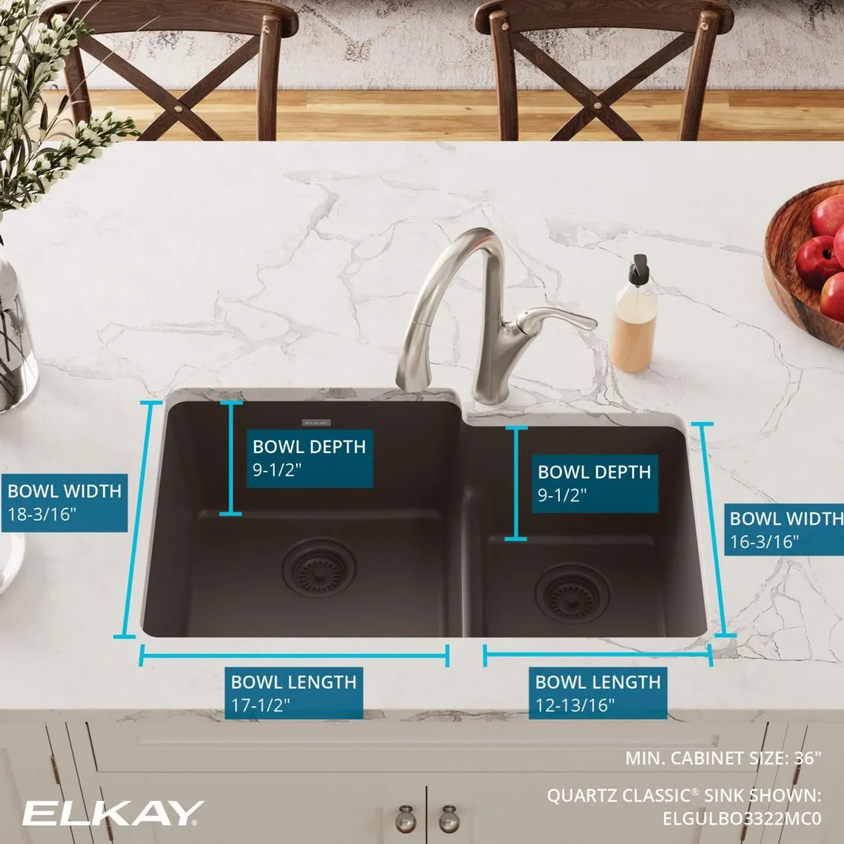 Elkay Quartz Classic 33" Undermount Quartz Kitchen Sink, 60/40 Double Bowl, Mocha, ELGULBO3322MC0