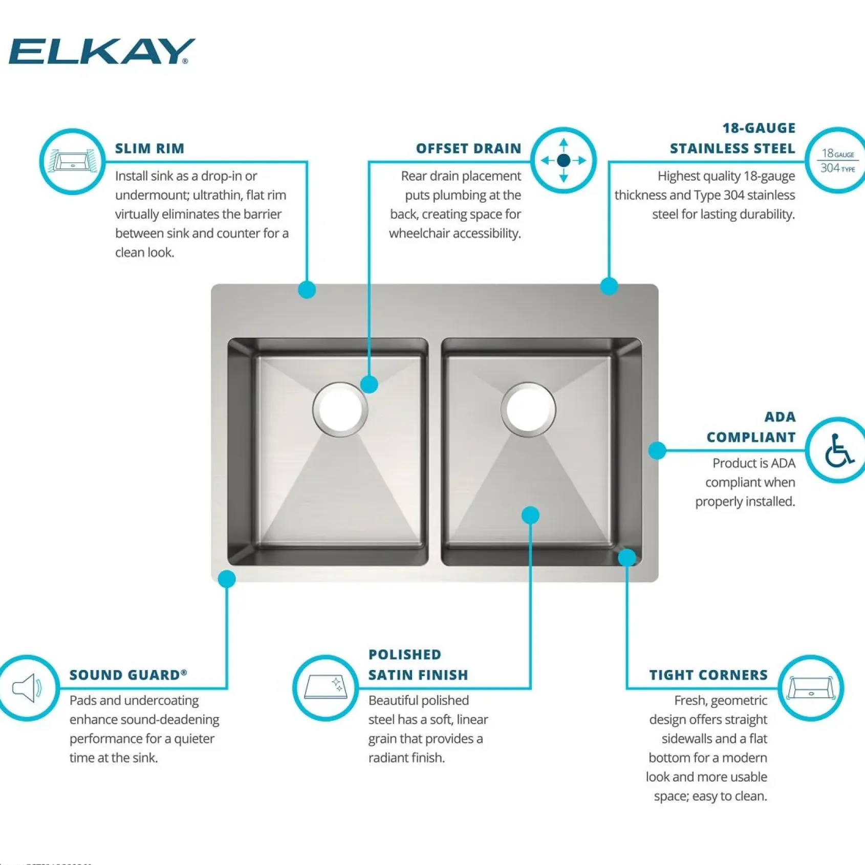 Elkay Crosstown 33" Dual Mount Stainless Steel ADA Kitchen Sink, 50/50 Double Bowl, Polished Satin, 1 Faucet Hole, ECTSRAD3322601