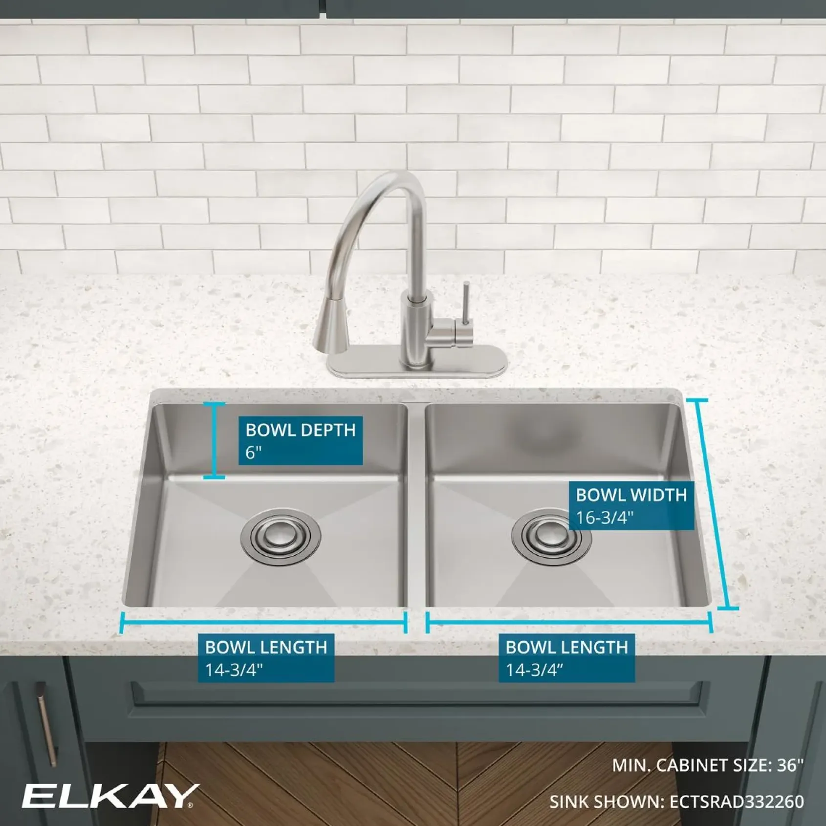 Elkay Crosstown 33" Dual Mount Stainless Steel ADA Kitchen Sink, 50/50 Double Bowl, Polished Satin, 1 Faucet Hole, ECTSRAD3322601