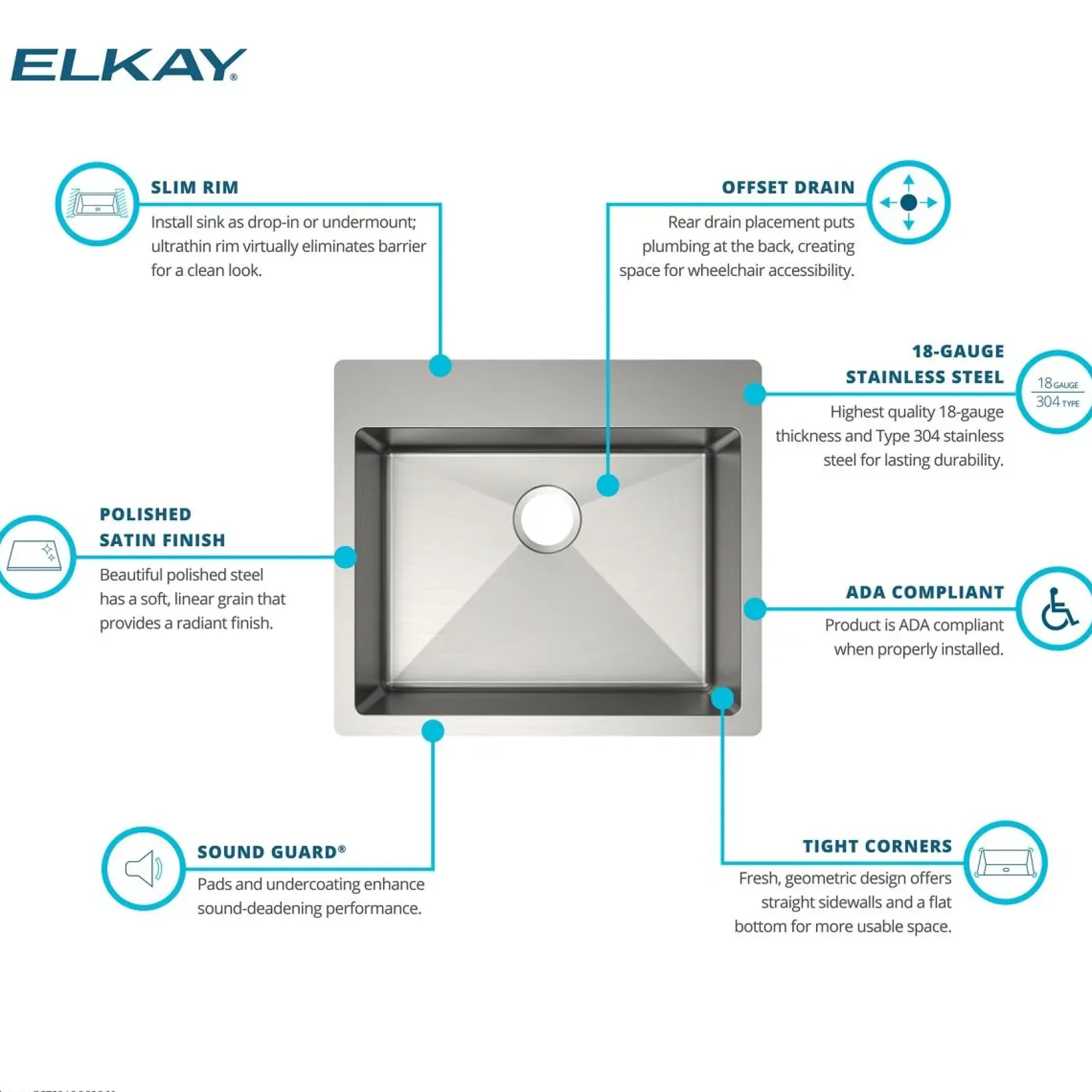 Elkay Crosstown 25" Dual Mount Stainless Steel ADA Kitchen Sink, Polished Satin, 5 Faucet Holes, ECTSRAD2522605