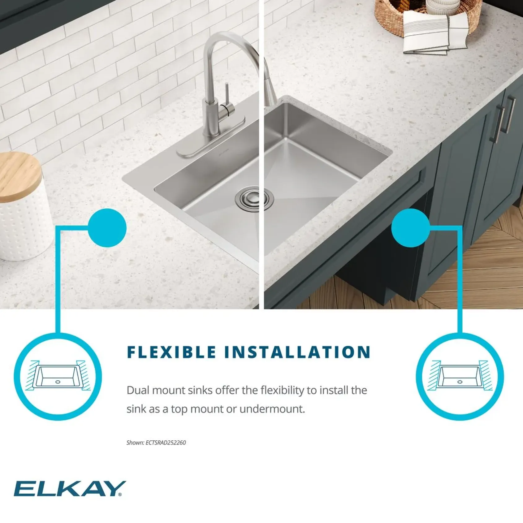 Elkay Crosstown 25" Dual Mount Stainless Steel ADA Kitchen Sink, Polished Satin, 5 Faucet Holes, ECTSRAD2522605