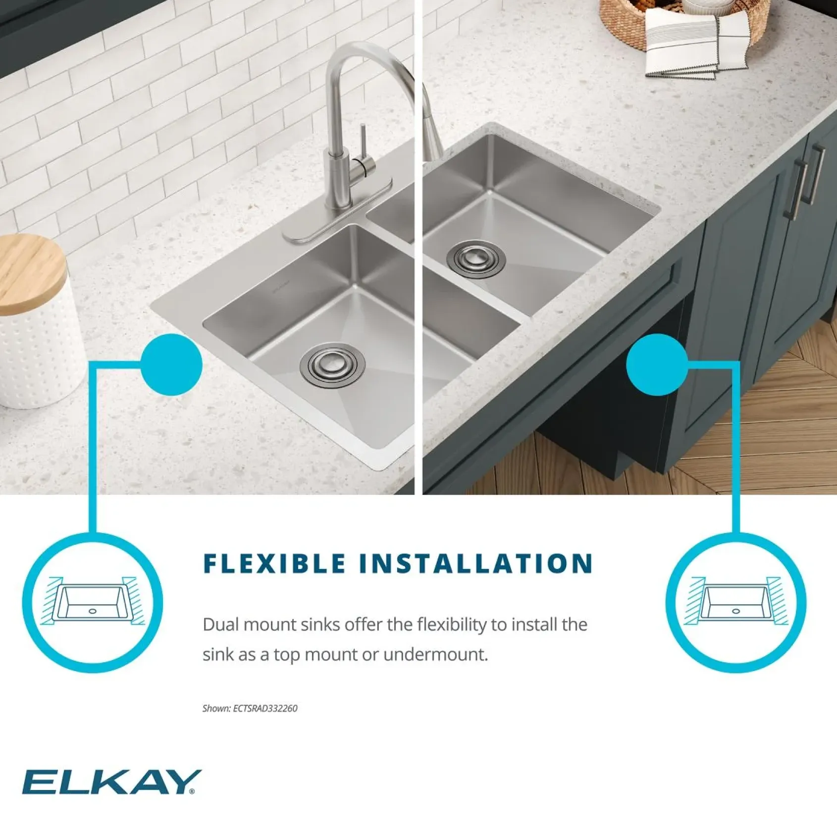 Elkay Crosstown 33" Dual Mount Stainless Steel ADA Kitchen Sink, 50/50 Double Bowl, Polished Satin, 2 Faucet Holes, ECTSRAD3322602