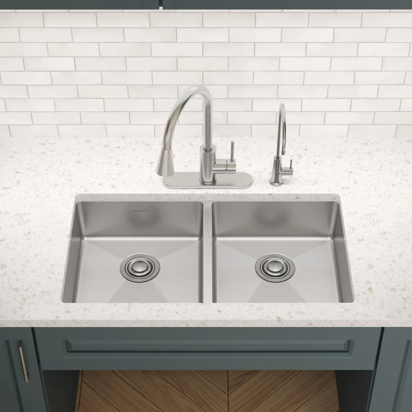 Elkay Crosstown 33" Dual Mount Stainless Steel ADA Kitchen Sink, 50/50 Double Bowl, Polished Satin, 2 Faucet Holes, ECTSRAD3322602