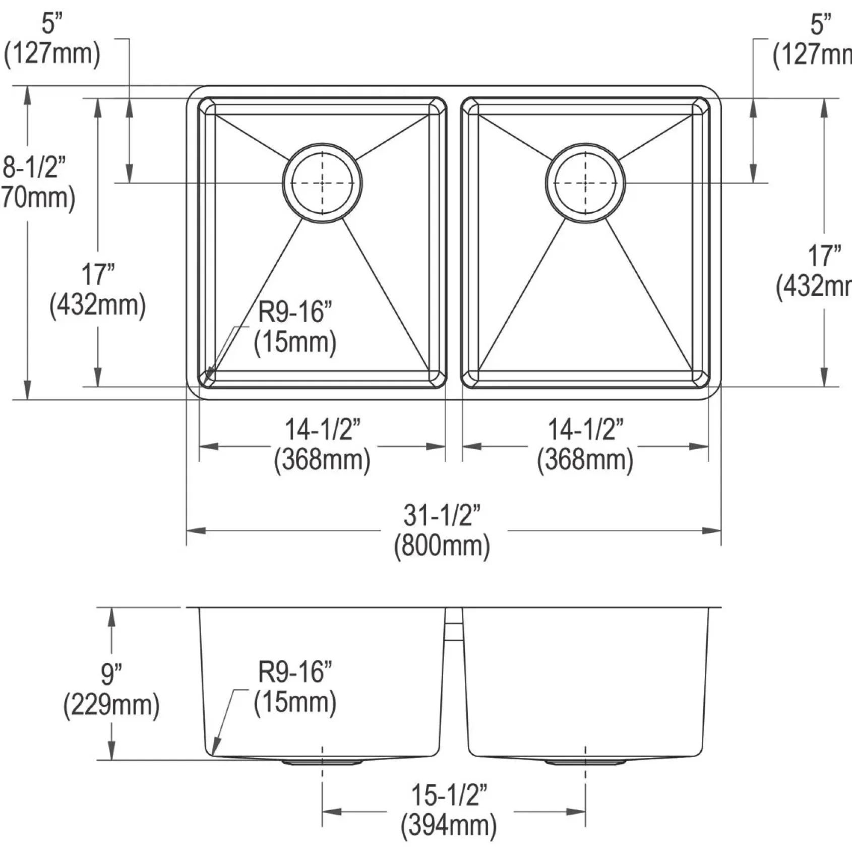 Elkay Crosstown 32" Stainless Steel Kitchen Sink, 50/50 Double Bowl, 18 Gauge, Polished Satin, ECTRU31179T