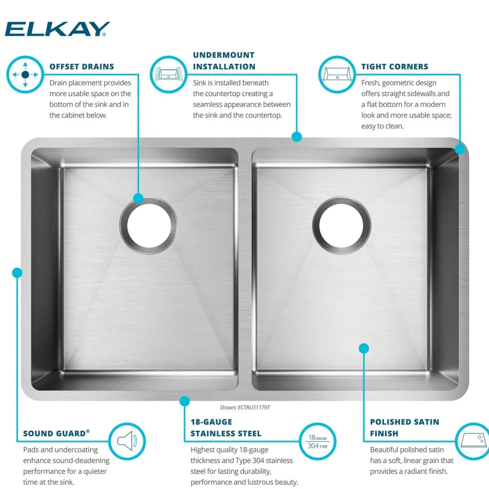 Elkay Crosstown 32" Stainless Steel Kitchen Sink, 50/50 Double Bowl, 18 Gauge, Polished Satin, ECTRU31179T