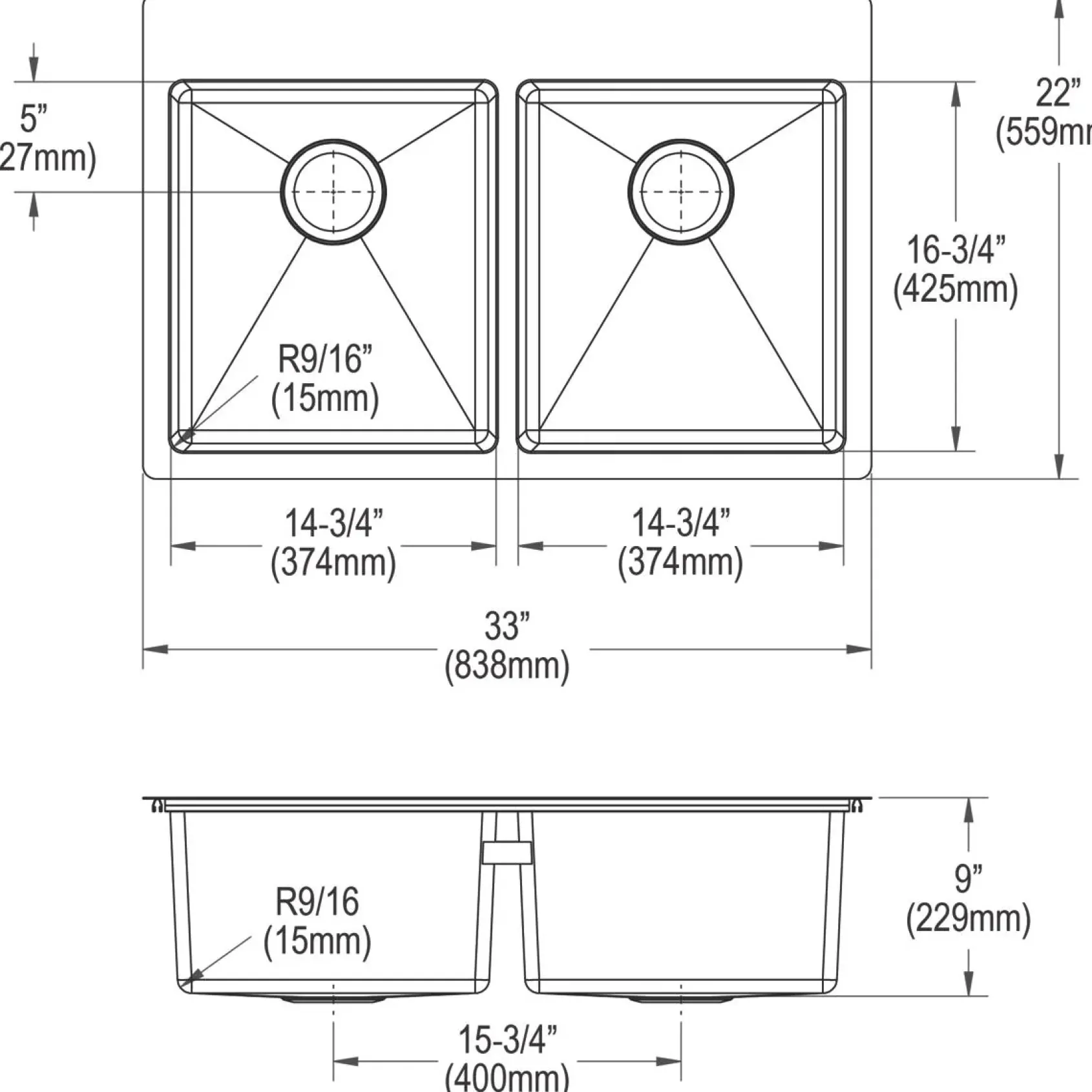 Elkay Crosstown 33" Stainless Steel Kitchen Sink, 50/50 Double Bowl, 18 Gauge, Sink Kit, Polished Satin, 1 Faucet Hole, ECTSR33229TBG1