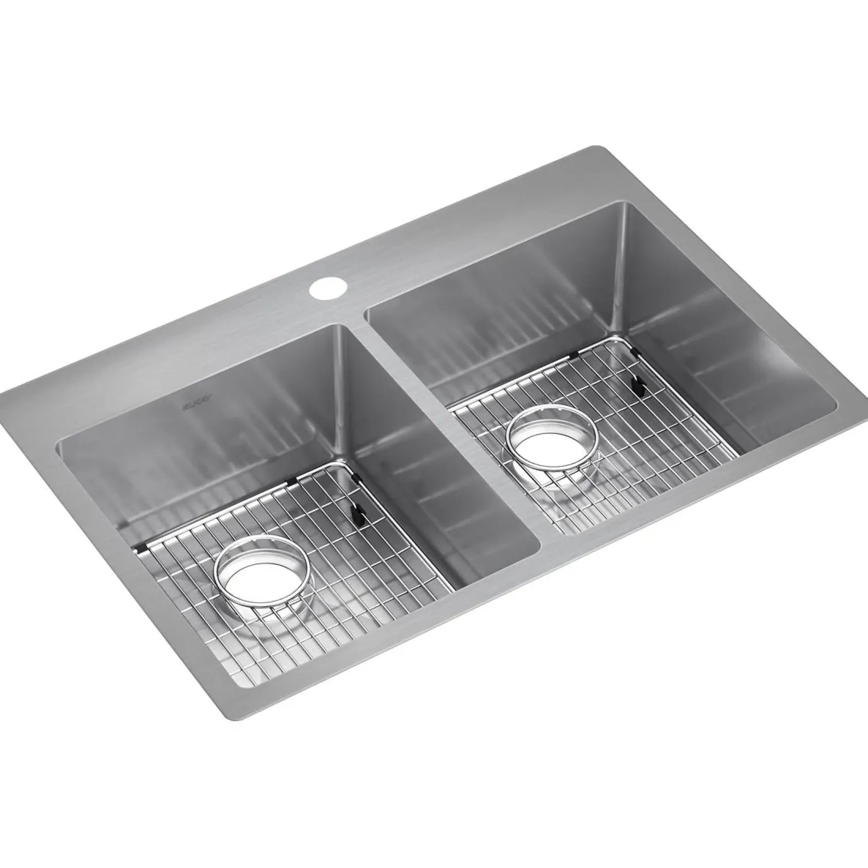 Elkay Crosstown 33" Stainless Steel Kitchen Sink, 50/50 Double Bowl, 18 Gauge, Sink Kit, Polished Satin, 1 Faucet Hole, ECTSR33229TBG1