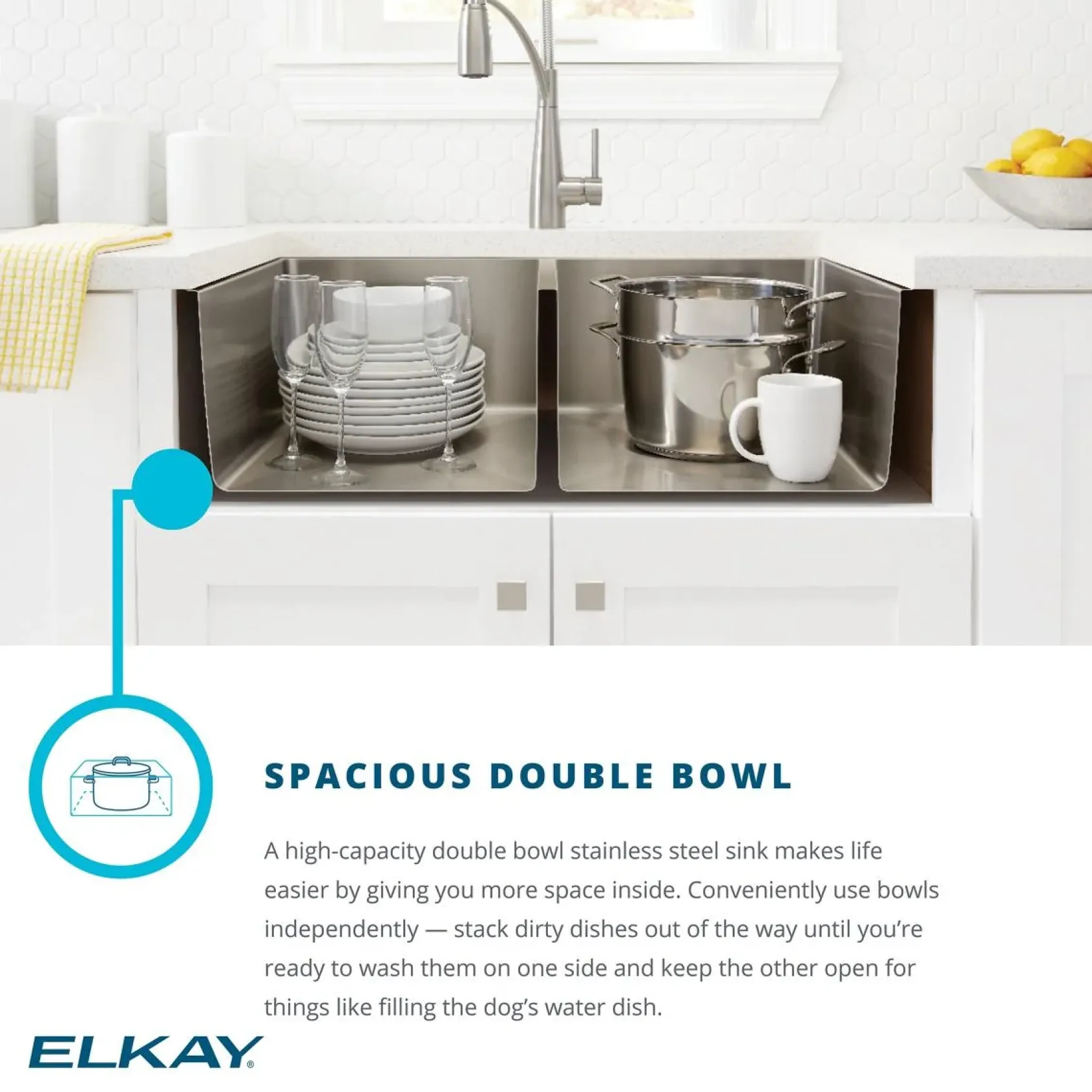 Elkay Crosstown 33" Stainless Steel Kitchen Sink, 50/50 Double Bowl, 18 Gauge, Sink Kit, Polished Satin, 1 Faucet Hole, ECTSR33229TBG1