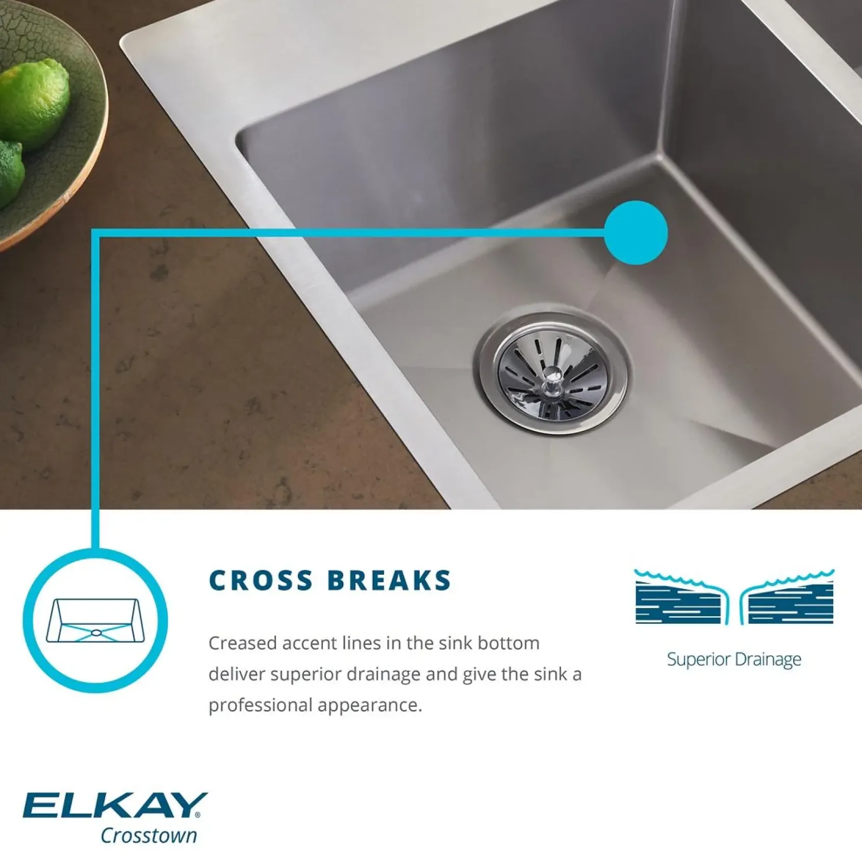 Elkay Crosstown 33" Stainless Steel Kitchen Sink, 50/50 Double Bowl, 18 Gauge, Sink Kit, Polished Satin, 1 Faucet Hole, ECTSR33229TBG1