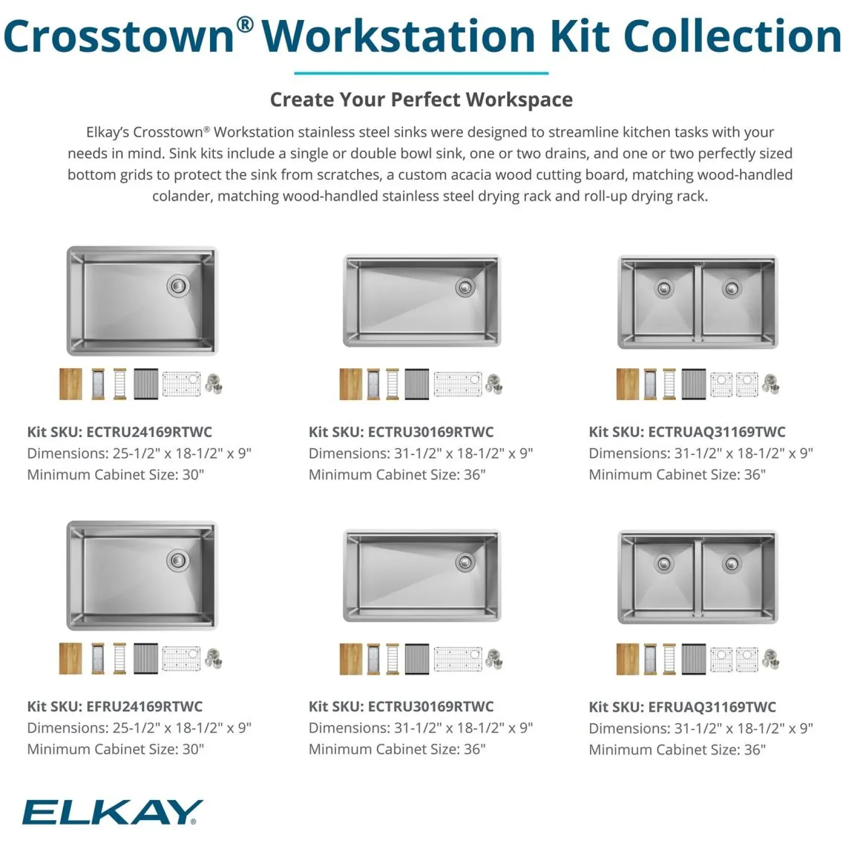 Elkay Crosstown 32" Undermount Stainless Steel Workstation Kitchen Sink Kit with Accessories, 50/50 with Aqua Divide Double Bowl, Polished Satin, 18 Gauge, ECTRUAQ31169TWC