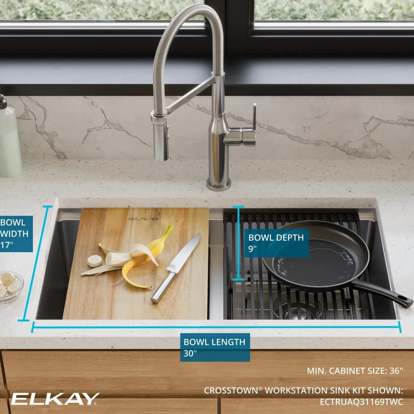 Elkay Crosstown 32" Undermount Stainless Steel Workstation Kitchen Sink Kit with Accessories, 50/50 with Aqua Divide Double Bowl, Polished Satin, 18 Gauge, ECTRUAQ31169TWC