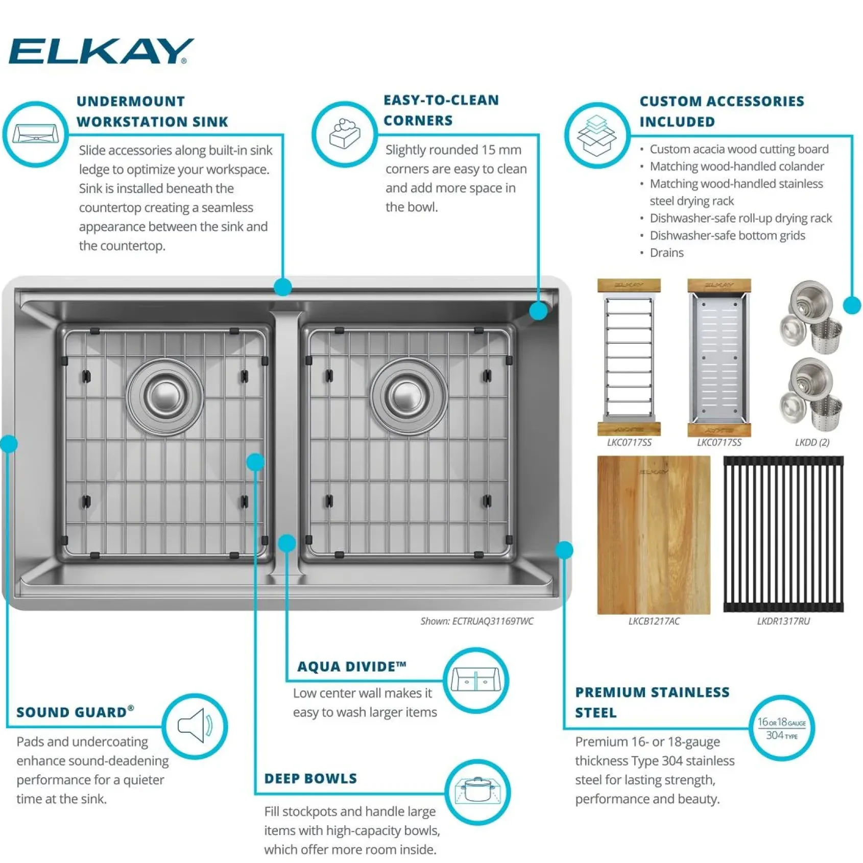 Elkay Crosstown 32" Undermount Stainless Steel Workstation Kitchen Sink Kit with Accessories, 50/50 with Aqua Divide Double Bowl, Polished Satin, 18 Gauge, ECTRUAQ31169TWC