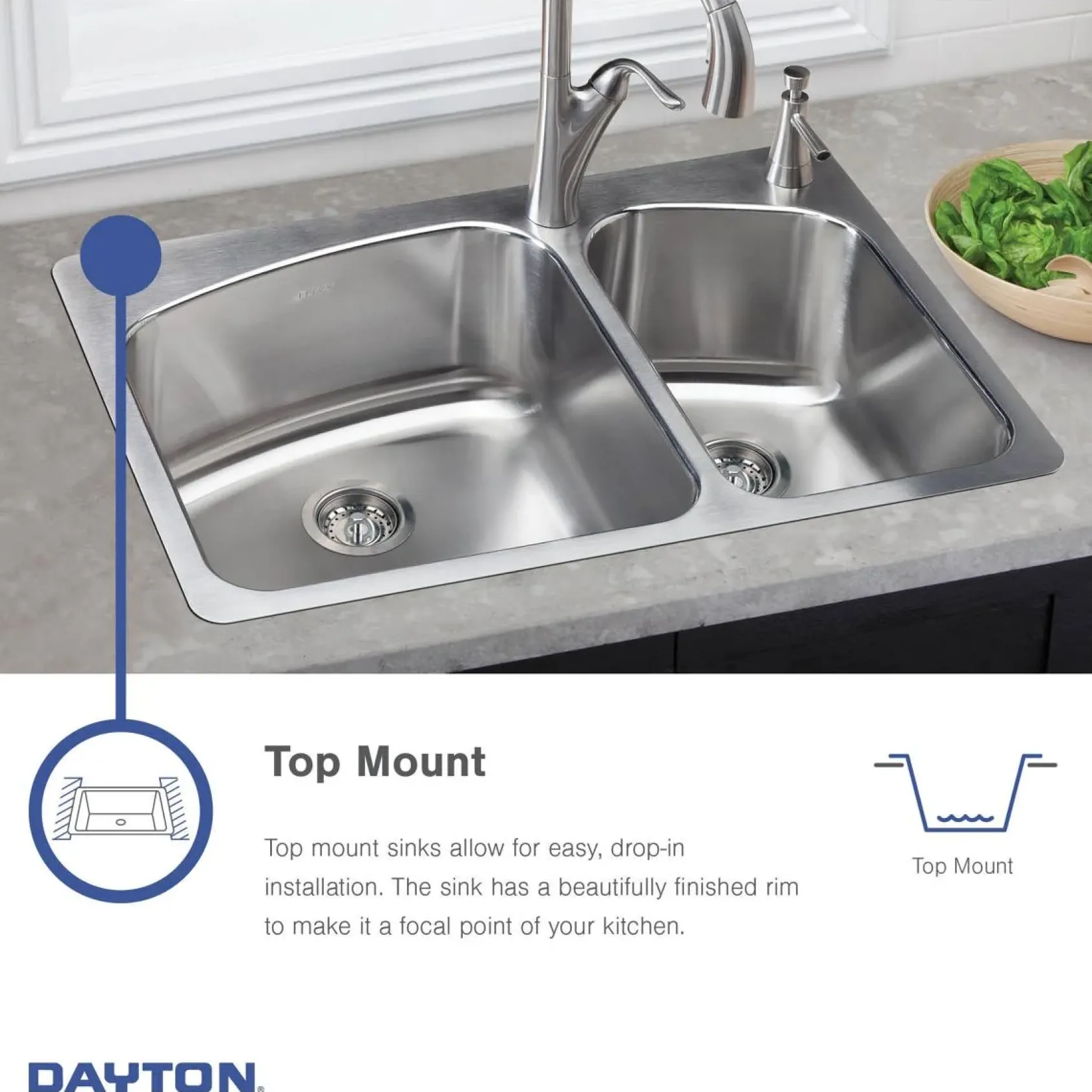 Elkay Dayton 25" Stainless Steel Kitchen Sink, 50/50 Double Bowl, Satin, 4 Faucet Hole, D225194