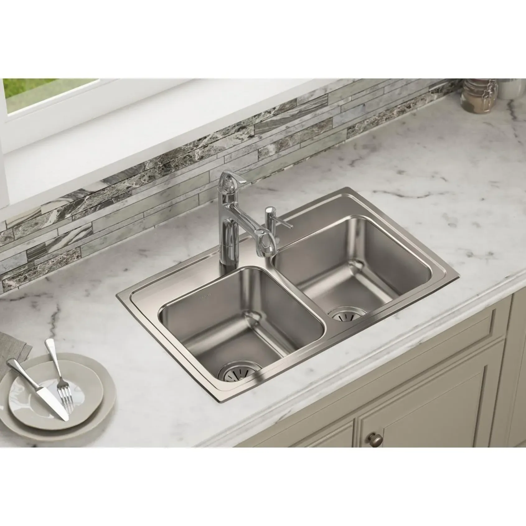 Elkay Lustertone Classic 29" Drop In/Topmount Stainless Steel Kitchen Sink, 50/50 Double Bowl, Lustrous Satin, No Faucet Hole, LR29180