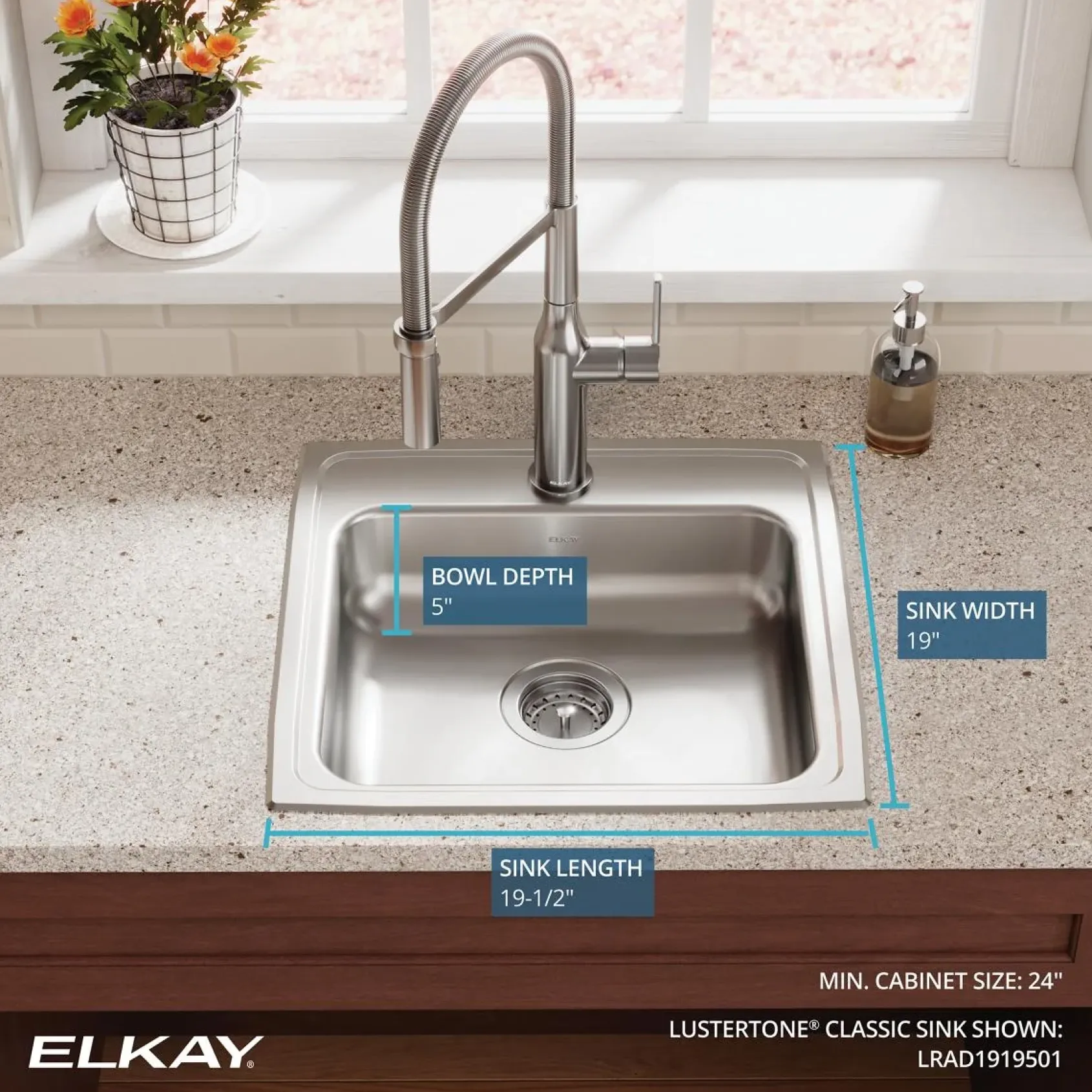 Elkay Lustertone Classic 20" Drop In/Topmount Stainless Steel ADA Kitchen Sink, Lustrous Satin, 1 Faucet Hole, LRAD1919501