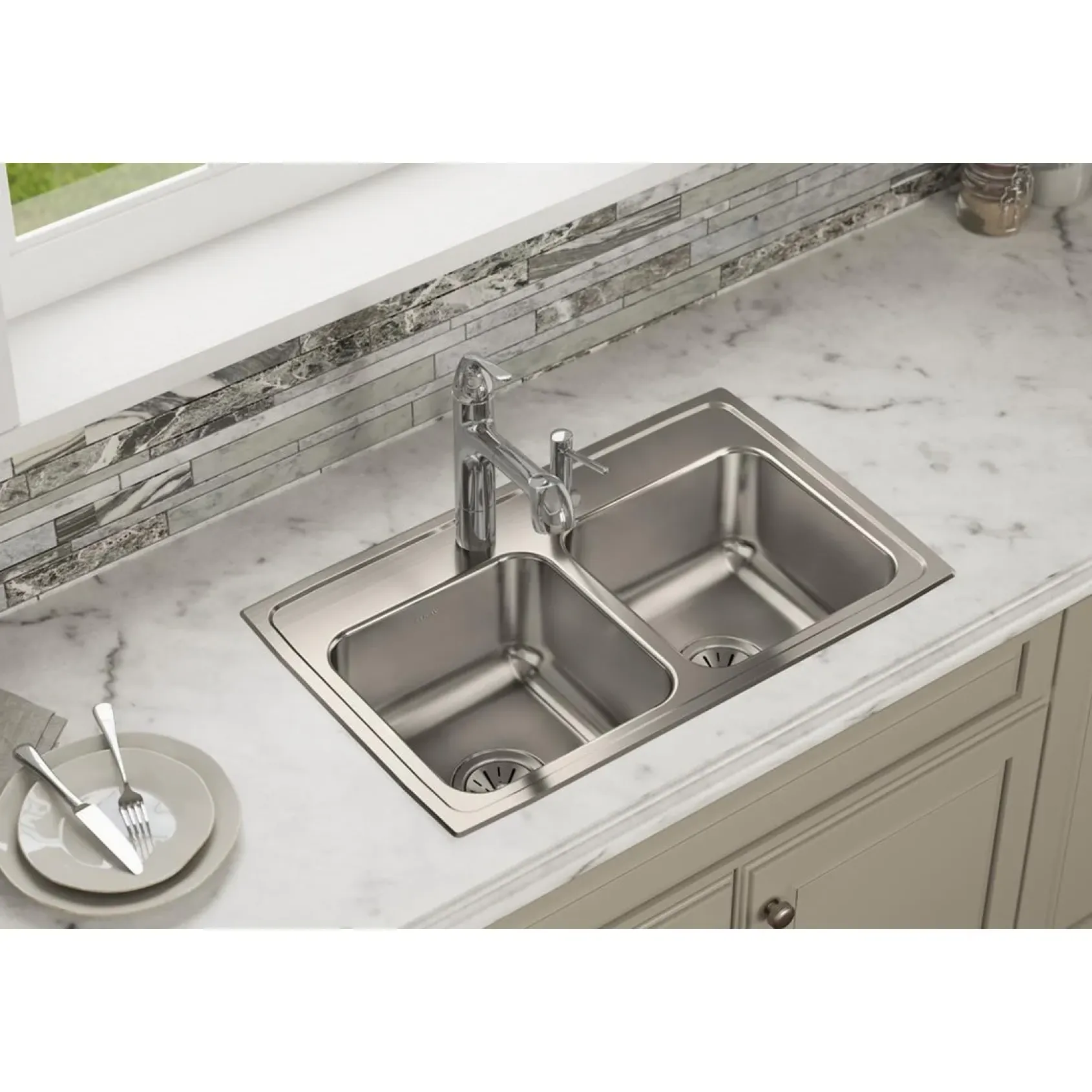Elkay Lustertone Classic 29" Drop In/Topmount Stainless Steel Kitchen Sink, 50/50 Double Bowl, Lustrous Satin, 2 Faucet Holes, LR29182
