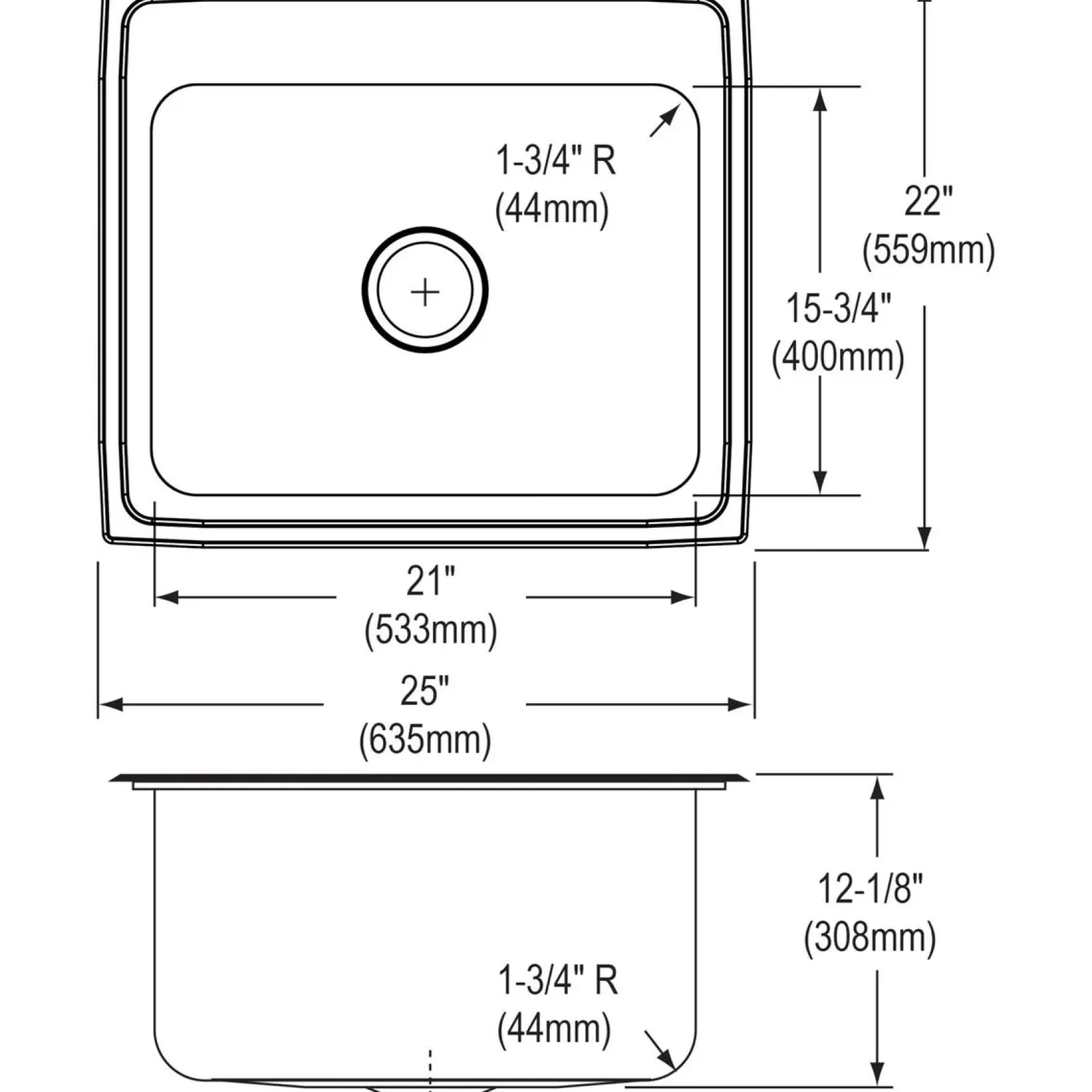 Elkay Lustertone Classic 25" Drop In/Topmount Stainless Steel Kitchen Sink, 1 Faucet Hole, DLRQ2522121
