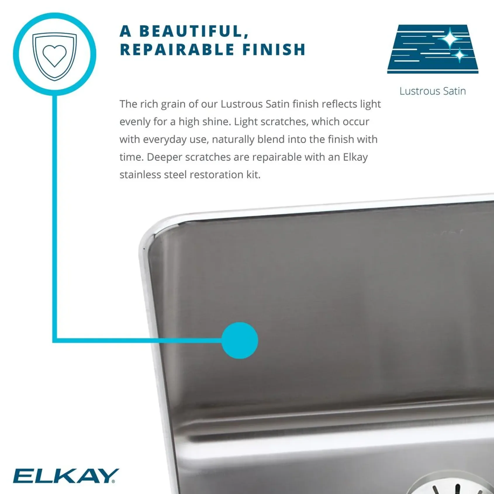Elkay Lustertone Classic 19" Stainless Steel Kitchen Sink, 18 Gauge, Lustrous Satin, 1 Faucet Hole, LR19181