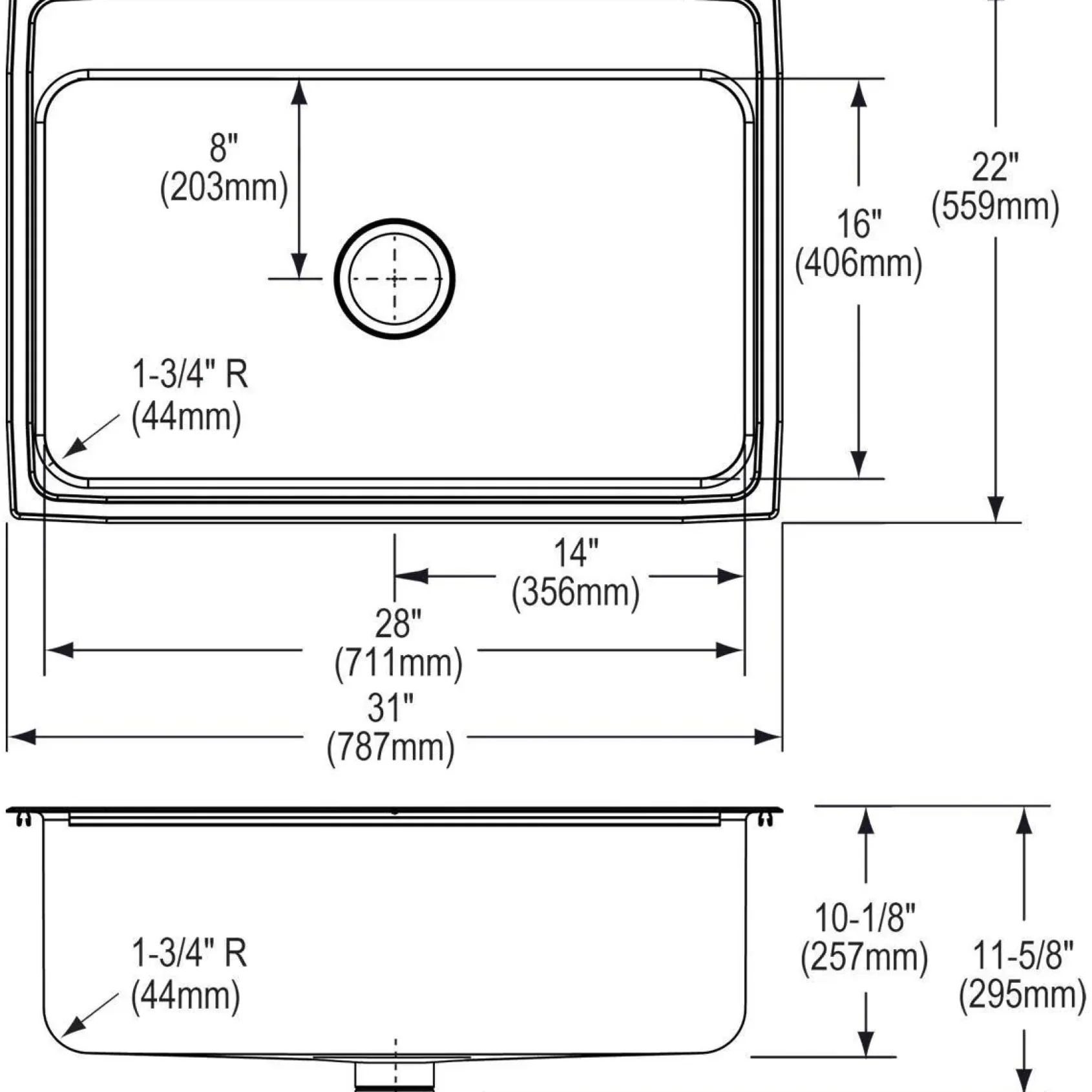 Elkay Lustertone 31" Stainless Steel Kitchen Sink, 18 Gauge, Lustrous Satin, 1 Faucet Hole, DLR312210PD1