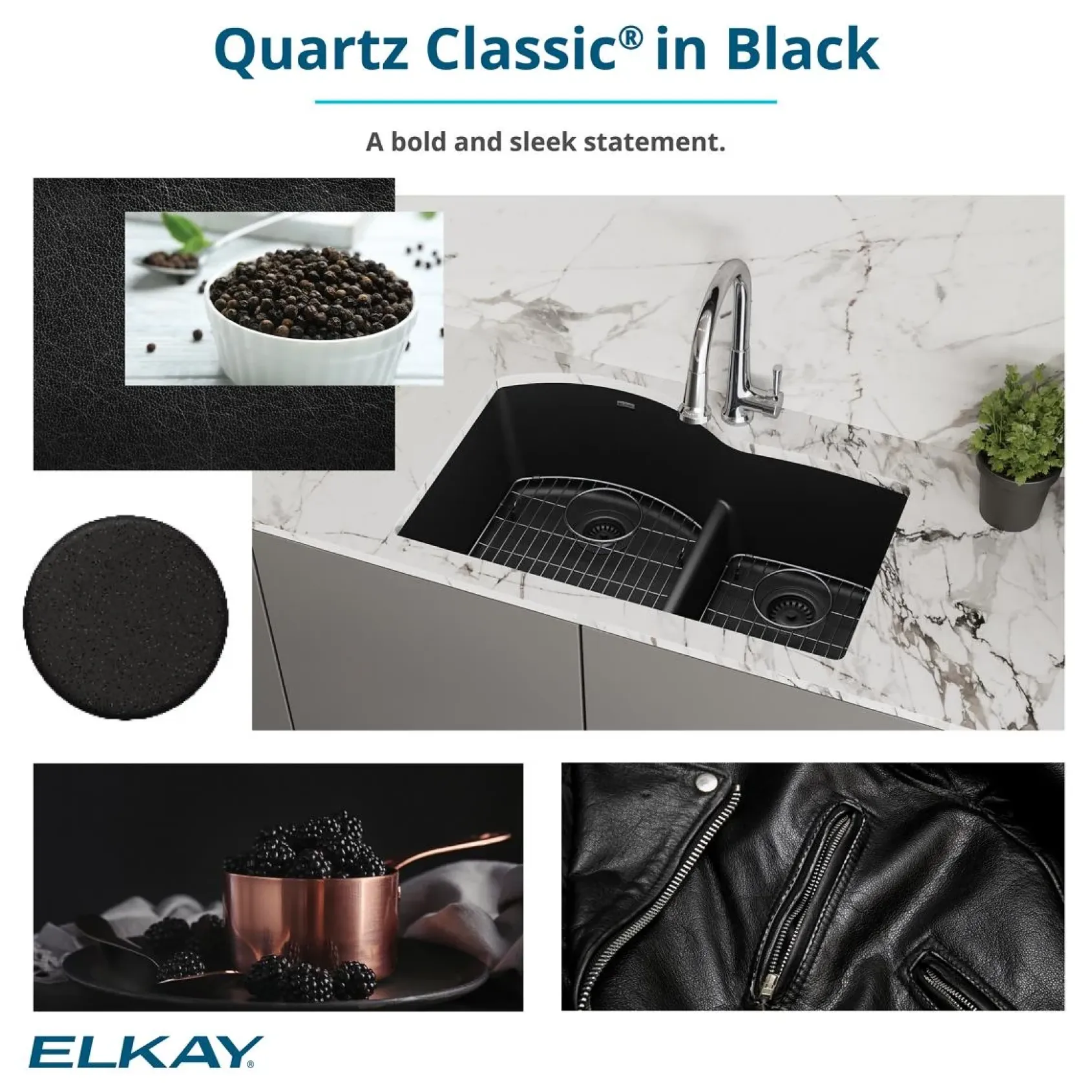 Elkay Quartz Classic 33" Drop In/Topmount Quartz Kitchen Sink, Black, 5 Pre-scored Faucet Holes, ELGR13322BK0
