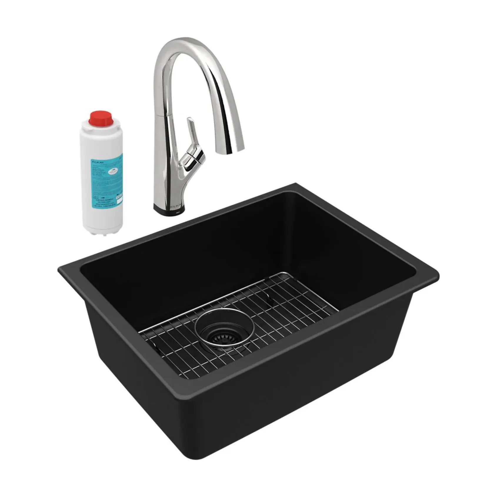 Elkay Quartz Classic 25" Undermount Quartz Kitchen Sink Kit with Faucet, Single Bowl Black, ELGU2522BK0FLC