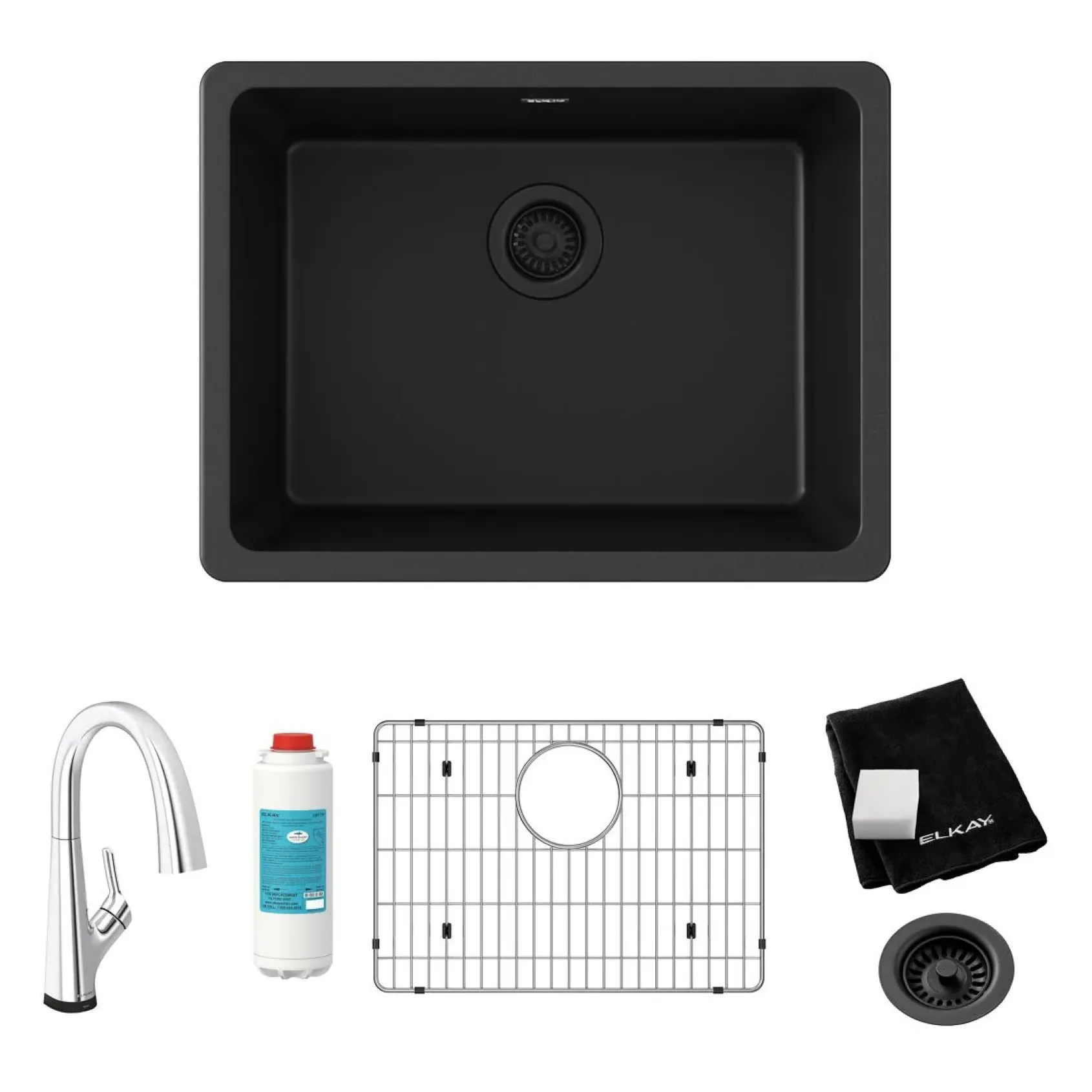 Elkay Quartz Classic 25" Undermount Quartz Kitchen Sink Kit with Faucet, Single Bowl Black, ELGU2522BK0FLC