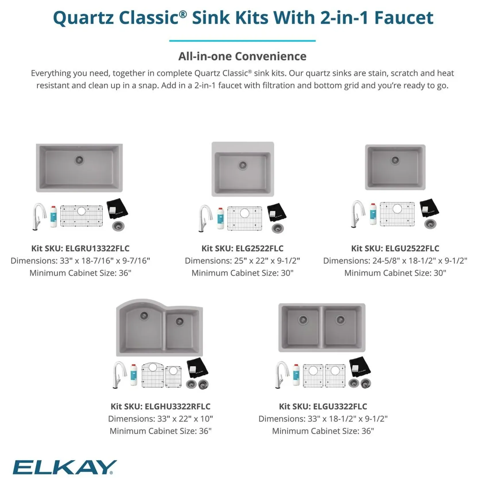 Elkay Quartz Classic 25" Undermount Quartz Kitchen Sink Kit with Faucet, Single Bowl Black, ELGU2522BK0FLC