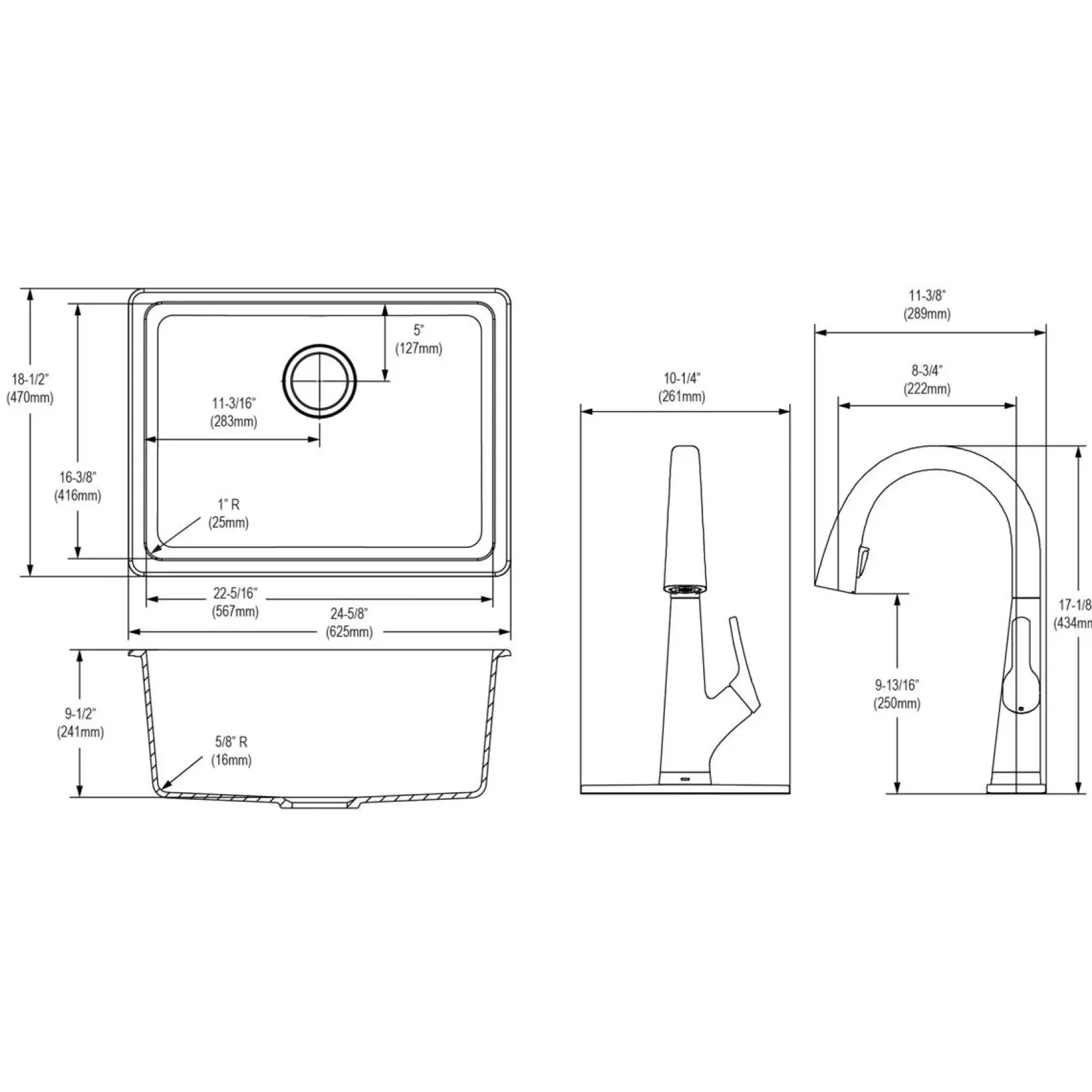 Elkay Quartz Classic 25" Undermount Quartz Kitchen Sink Kit with Faucet, Single Bowl Black, ELGU2522BK0FLC