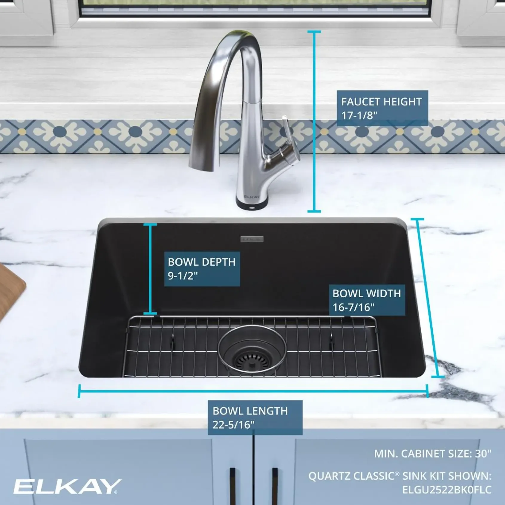 Elkay Quartz Classic 25" Undermount Quartz Kitchen Sink Kit with Faucet, Single Bowl Black, ELGU2522BK0FLC
